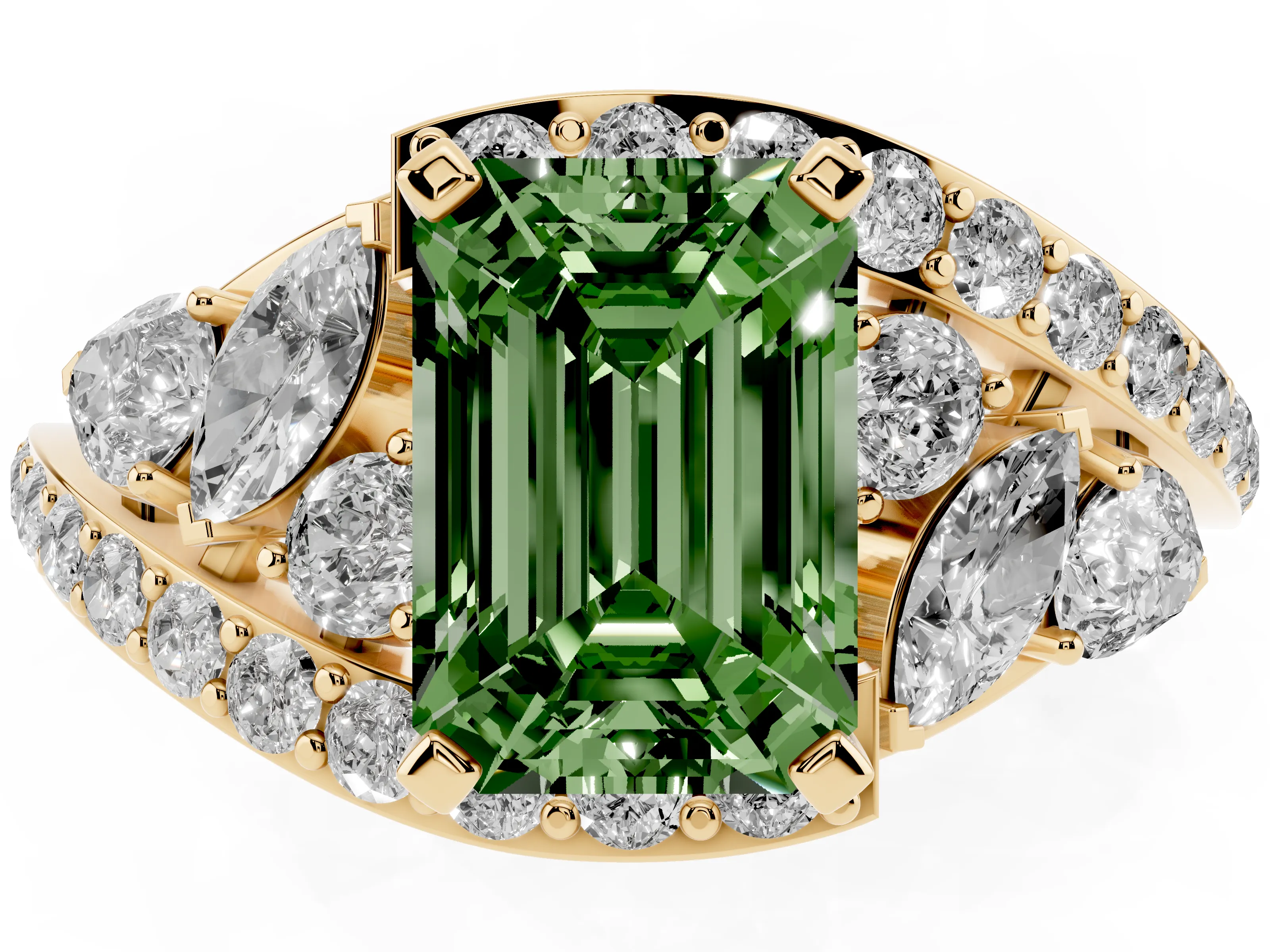 Fancy Green Emerald Cut Diamond Halo Ring Set in Yellow gold with Marquise and Pavé Band in Prong Setting