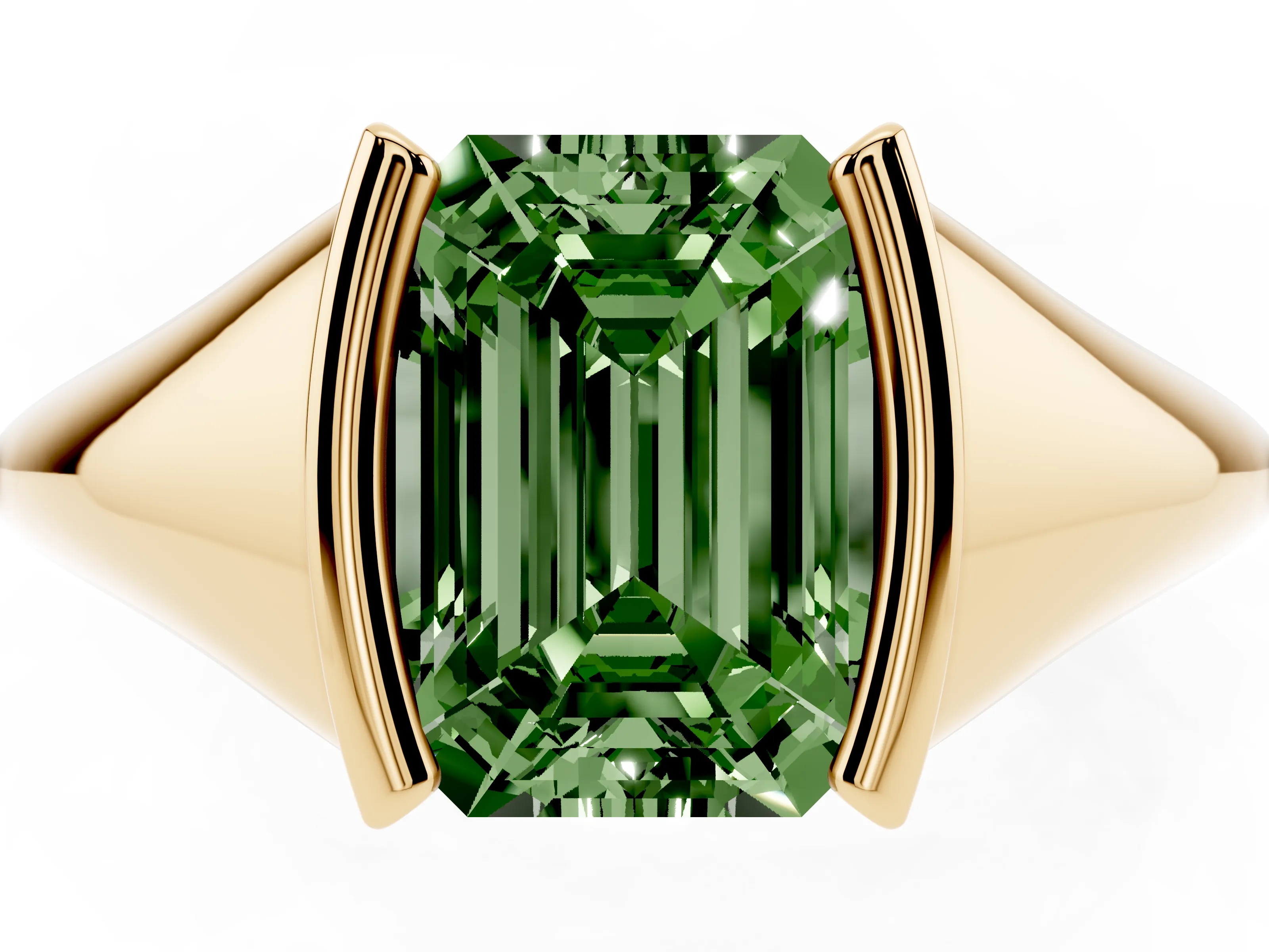 Fancy Green Emerald Cut Diamond Solitaire Tension Set Ring Set in Yellow gold