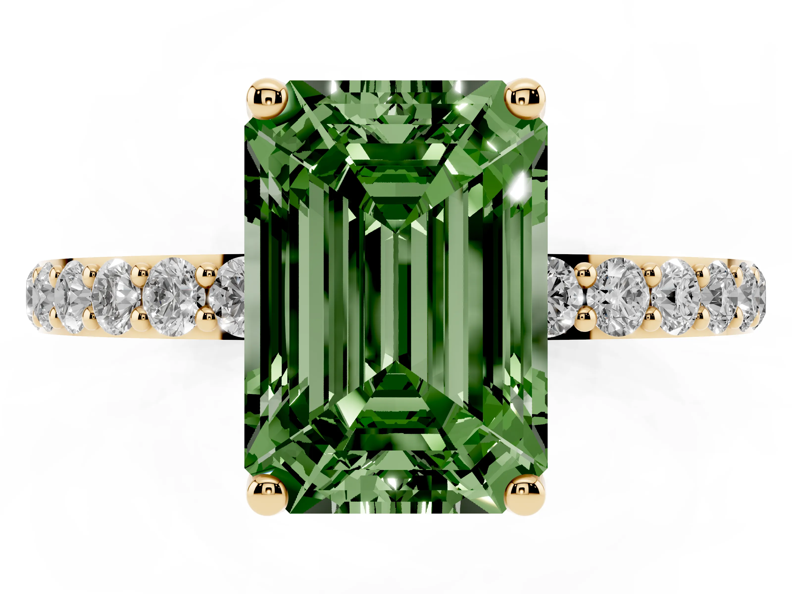 Fancy Green Emerald Cut Diamond Solitaire Engagement Ring Set in Yellow gold with Round Pavé Band and Prong Setting