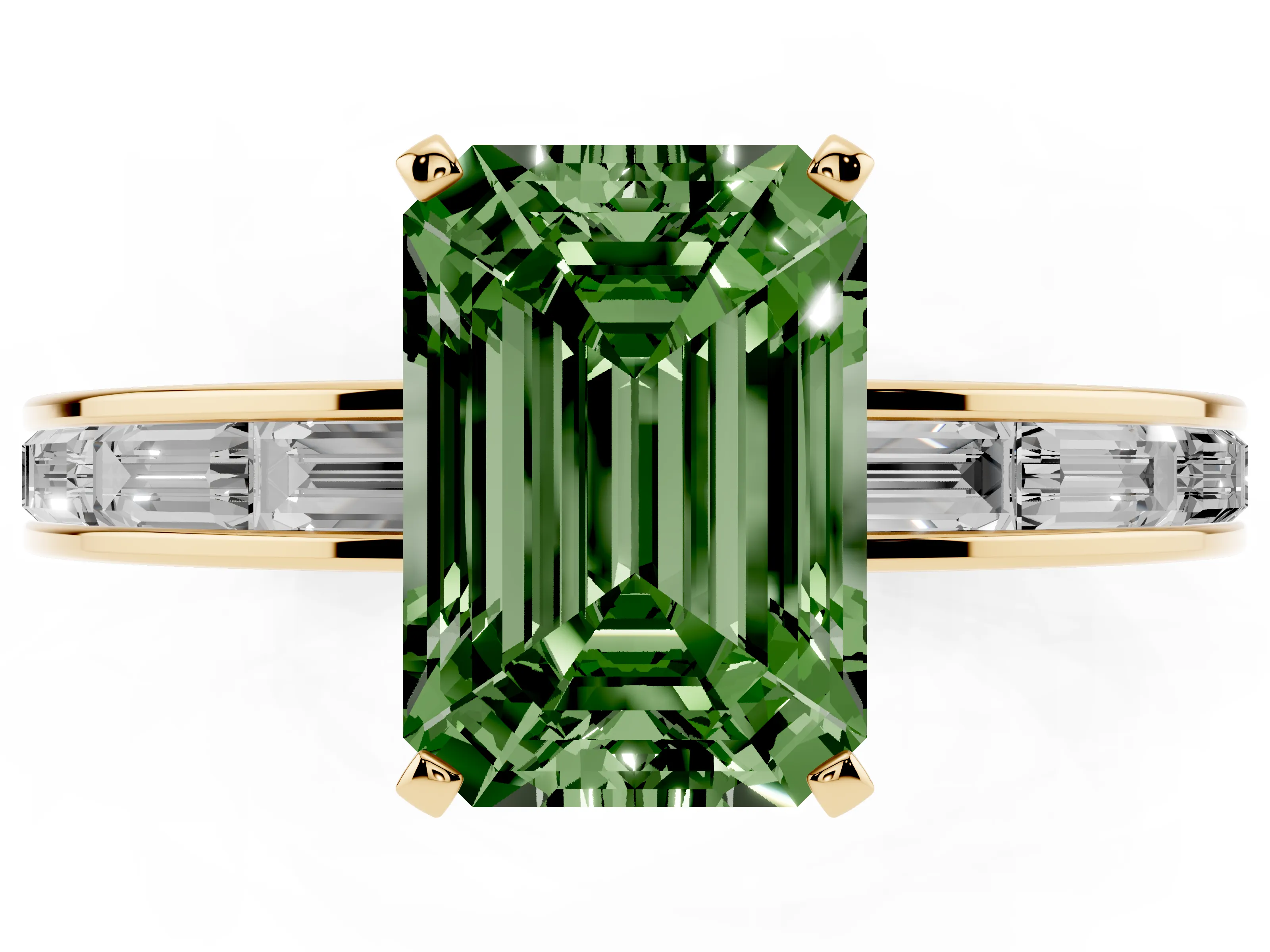Fancy Green Emerald Cut Diamond Solitaire Ring Set in Yellow gold with Channel-Set Baguette Band and Prong Setting