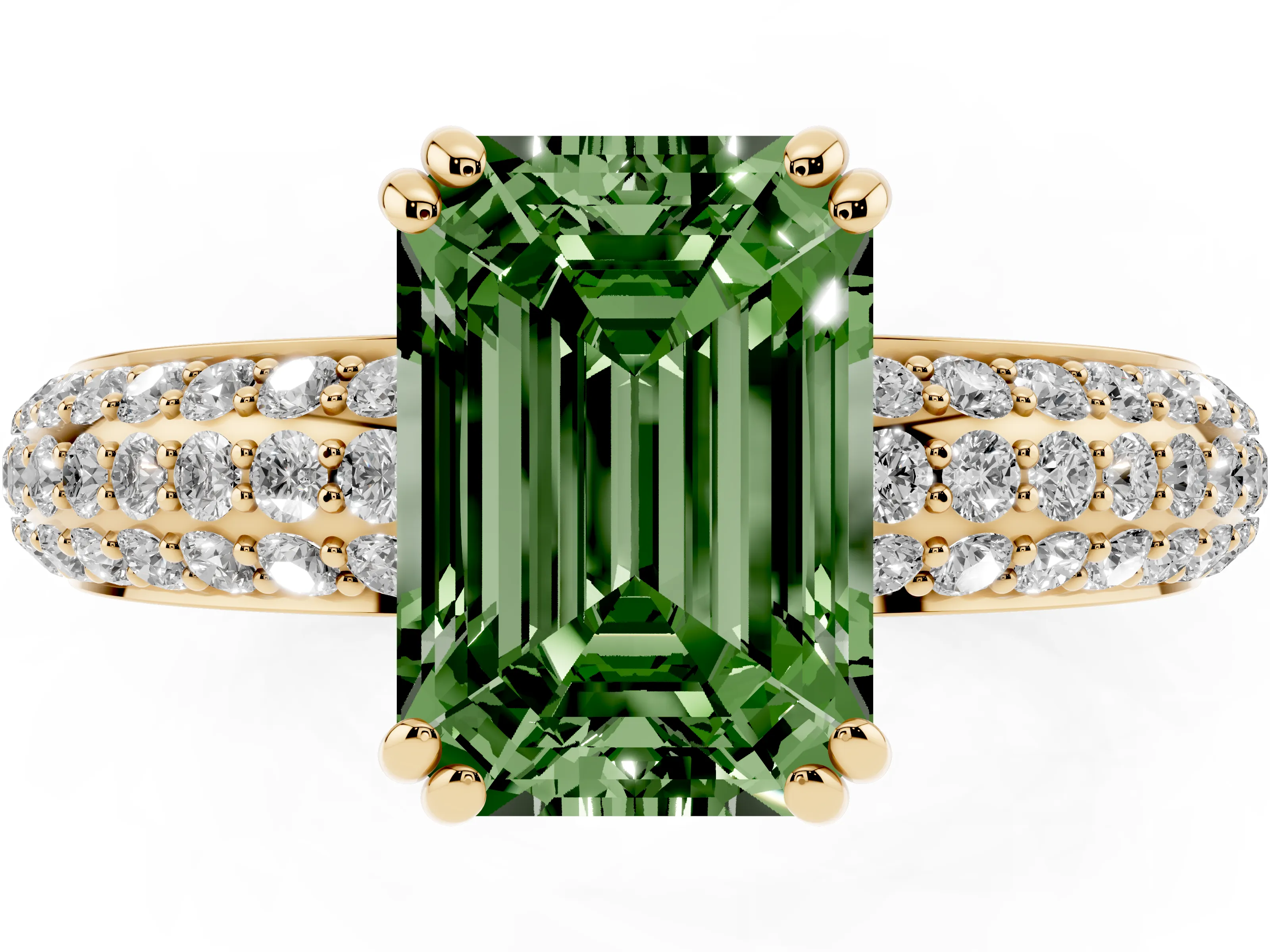 Fancy Green Emerald Cut Diamond Solitaire Ring Set in Yellow gold with Multi-Row Round Pavé Band and Prong Setting