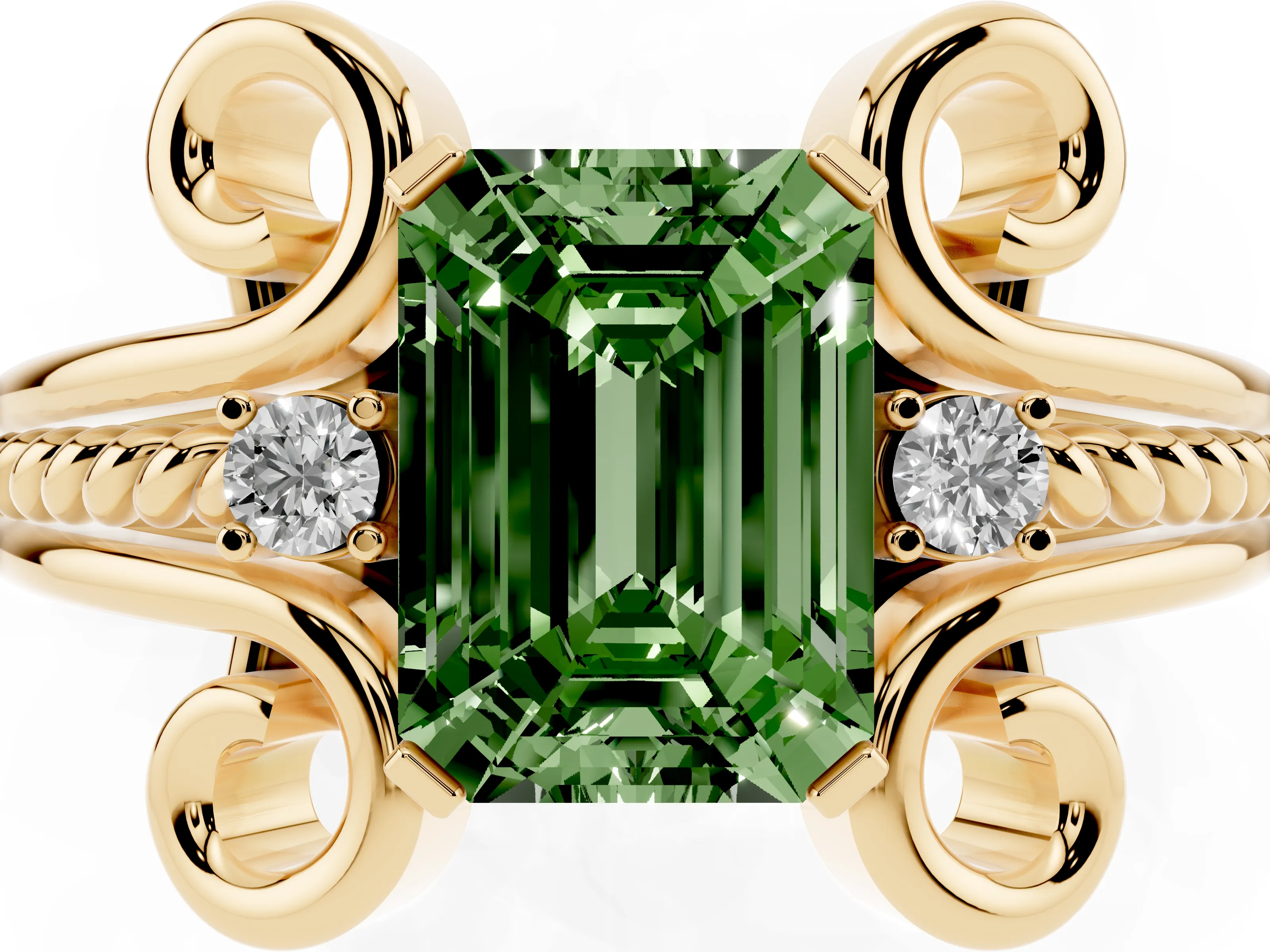 Fancy Green Emerald Cut Diamond Twisted Band Solitaire Ring Set in Yellow gold with Scroll Prongs