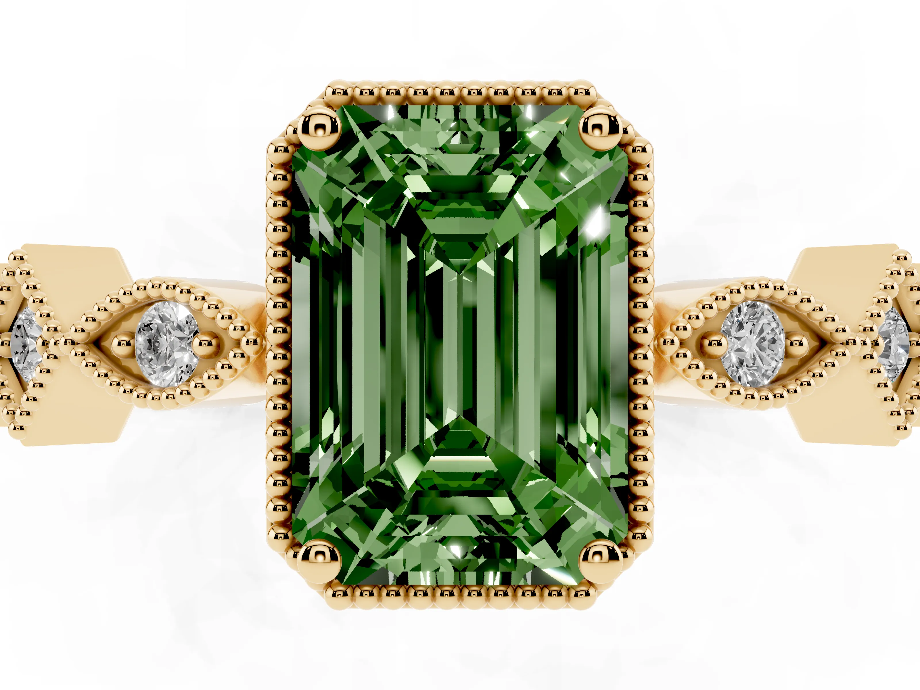 Fancy Green Emerald Cut Diamond Milgrain Marquise Twist Band Ring Set in Yellow gold with Prong Setting