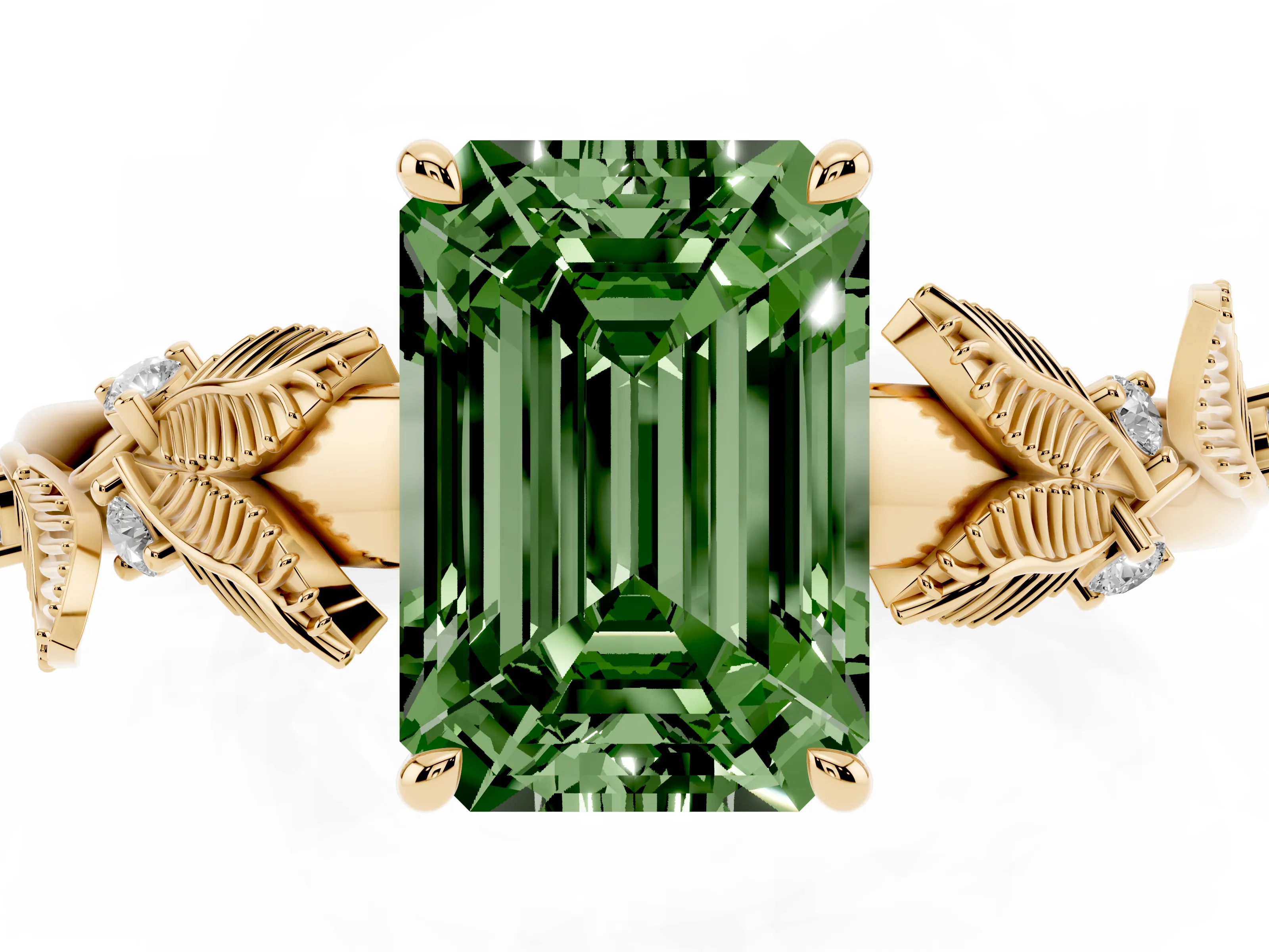 Fancy Green Emerald Cut Diamond Solitaire Ring Set in Yellow gold with Leaf Motif Band