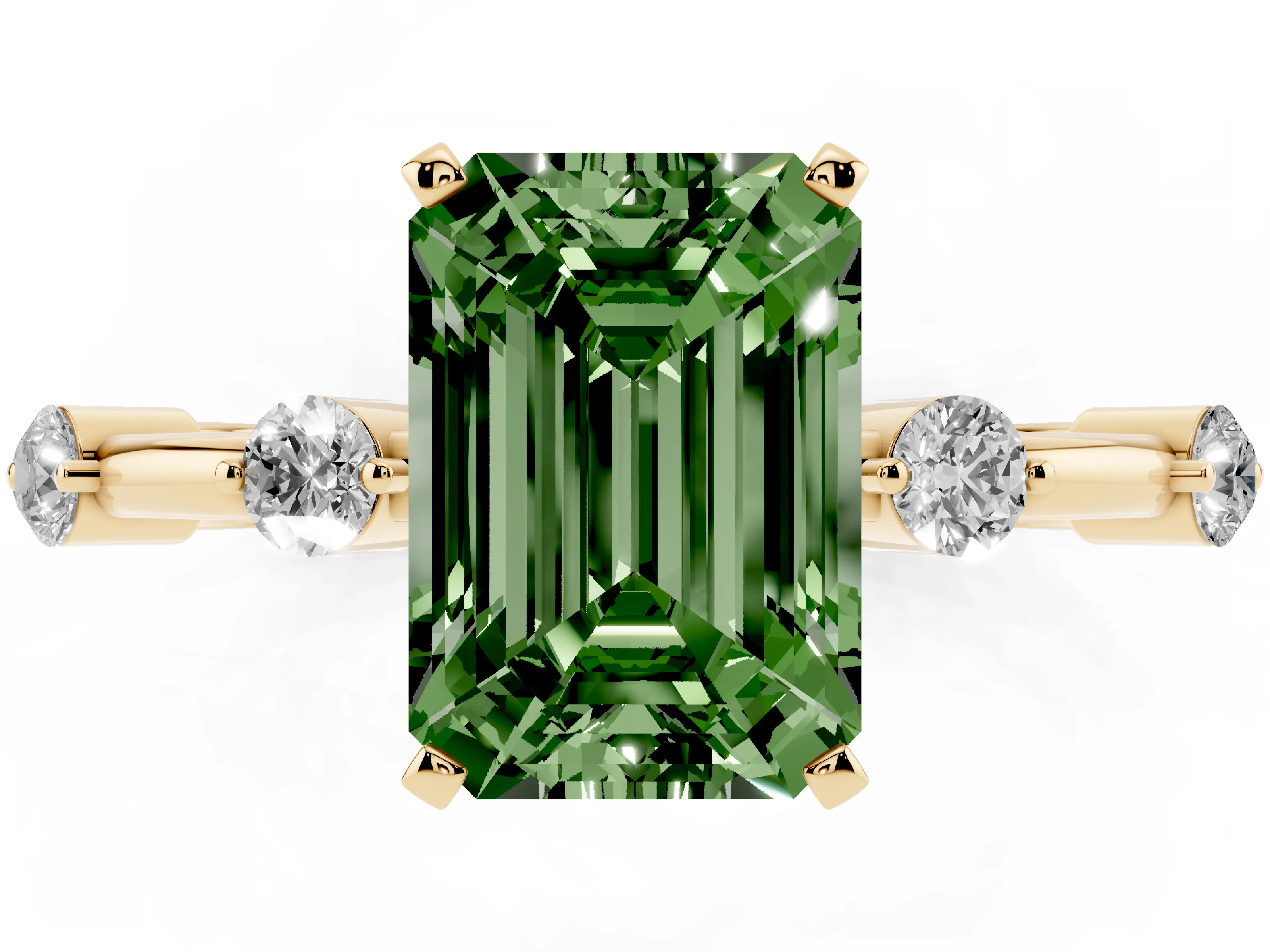 Fancy Green Emerald Cut Diamond Solitaire Ring Set in Yellow gold with Bezel Set Side Stones and Prong Setting