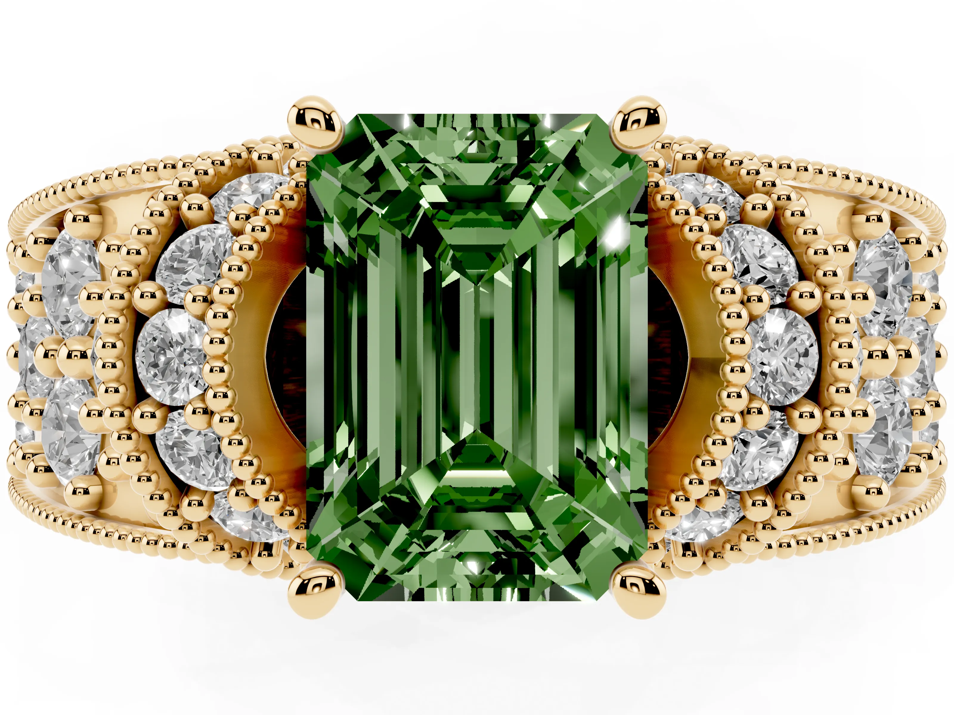 Fancy Green Emerald Cut Diamond Milgrain Halo Pavé Engagement Ring Set in Yellow gold with Prong Setting