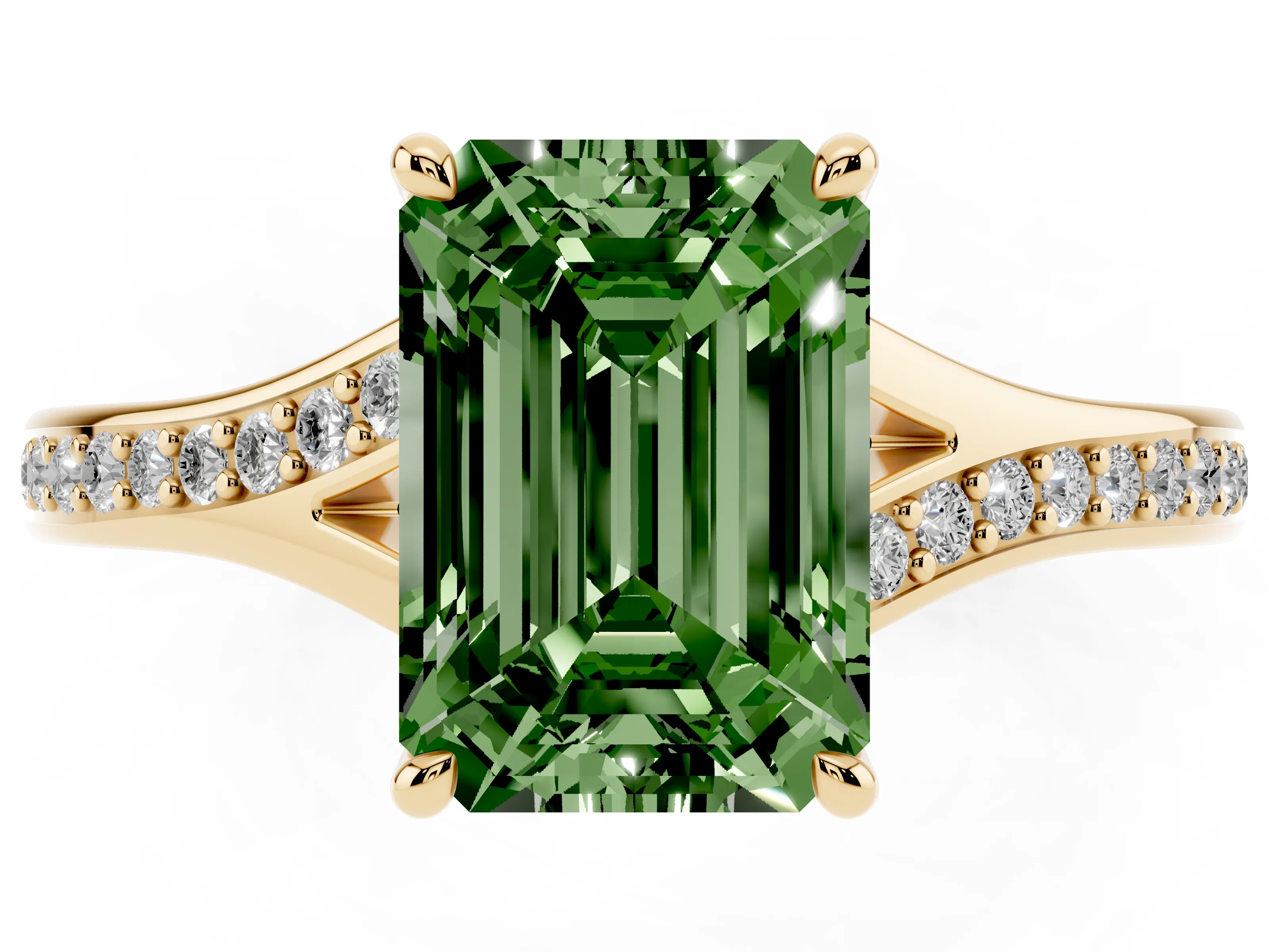 Fancy Green Emerald Cut Diamond Solitaire Ring Set in Yellow gold with Pavé Accent Band and Classic Prong Setting