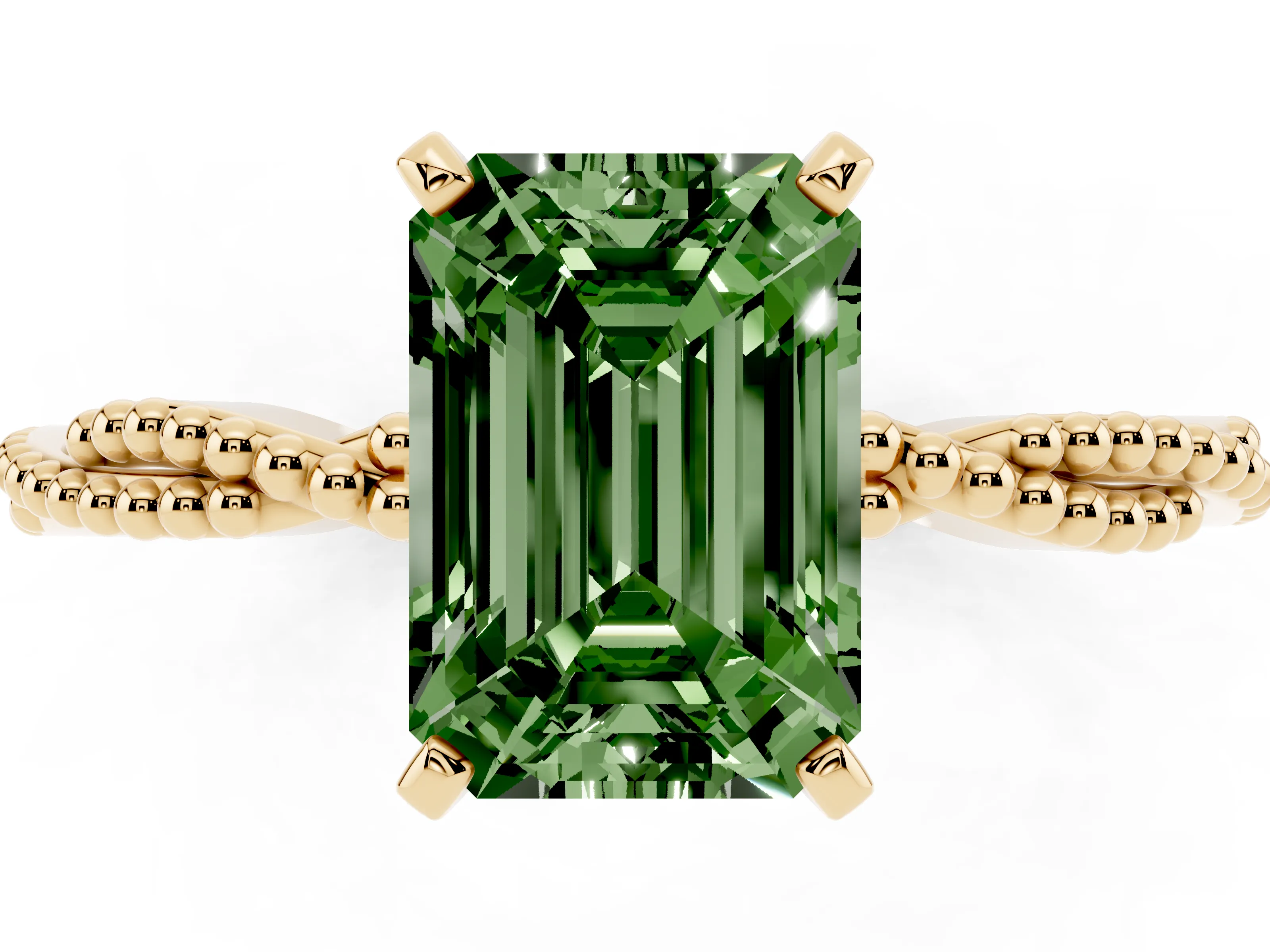 Fancy Green Emerald Cut Diamond Solitaire Ring Set in Yellow gold with Twisted Band and Bead Prong Setting