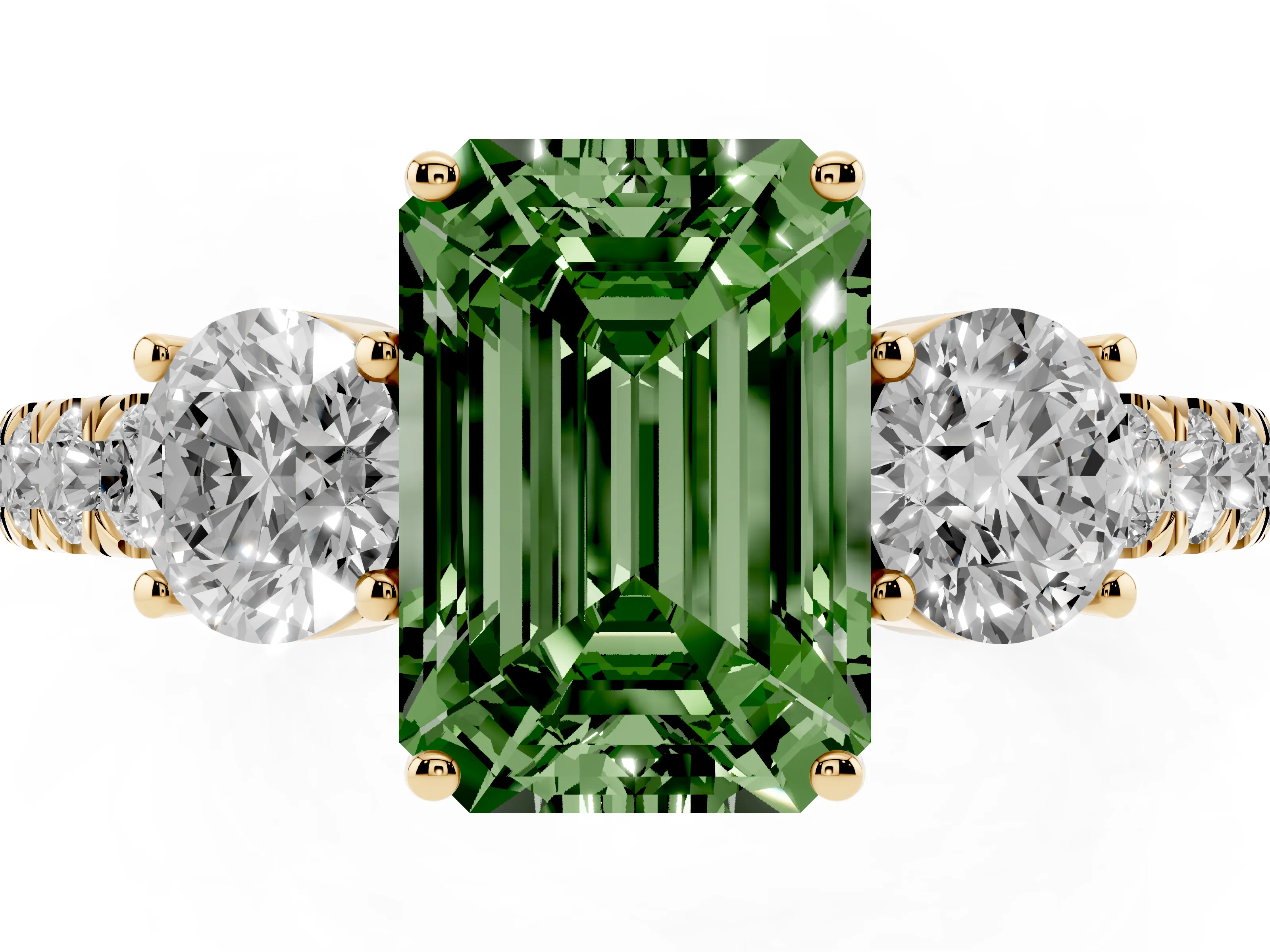 Fancy Green Emerald Cut Diamond Three-Stone Ring Set in Yellow gold with Round Side Stones and Delicate Pavé Band