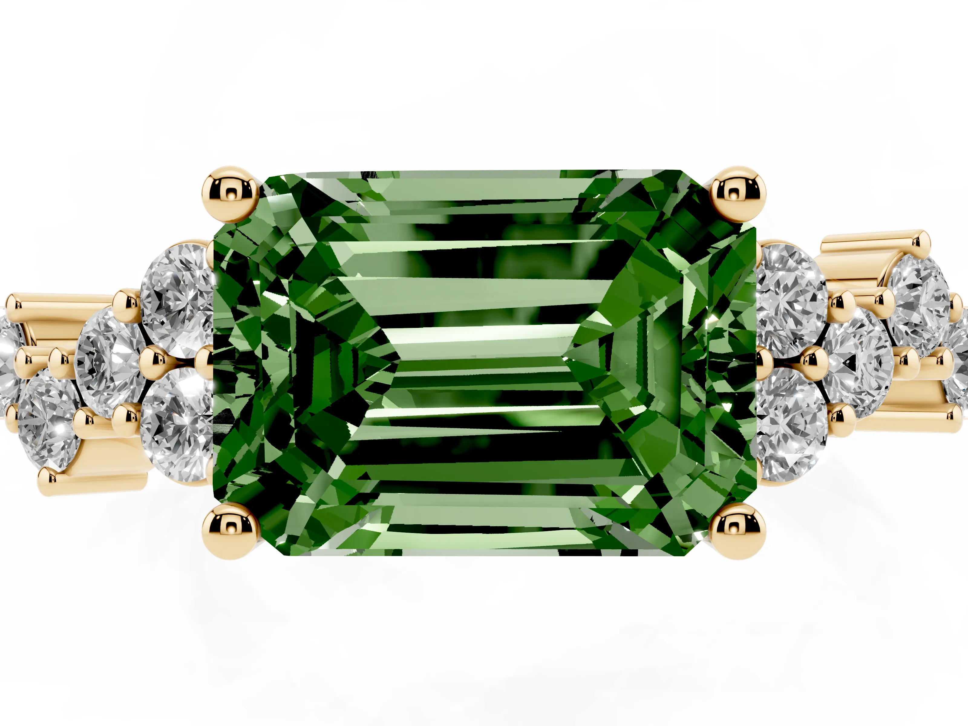 Fancy Green Emerald Cut Diamond Ring Set in Yellow gold with Scattered Round Accents