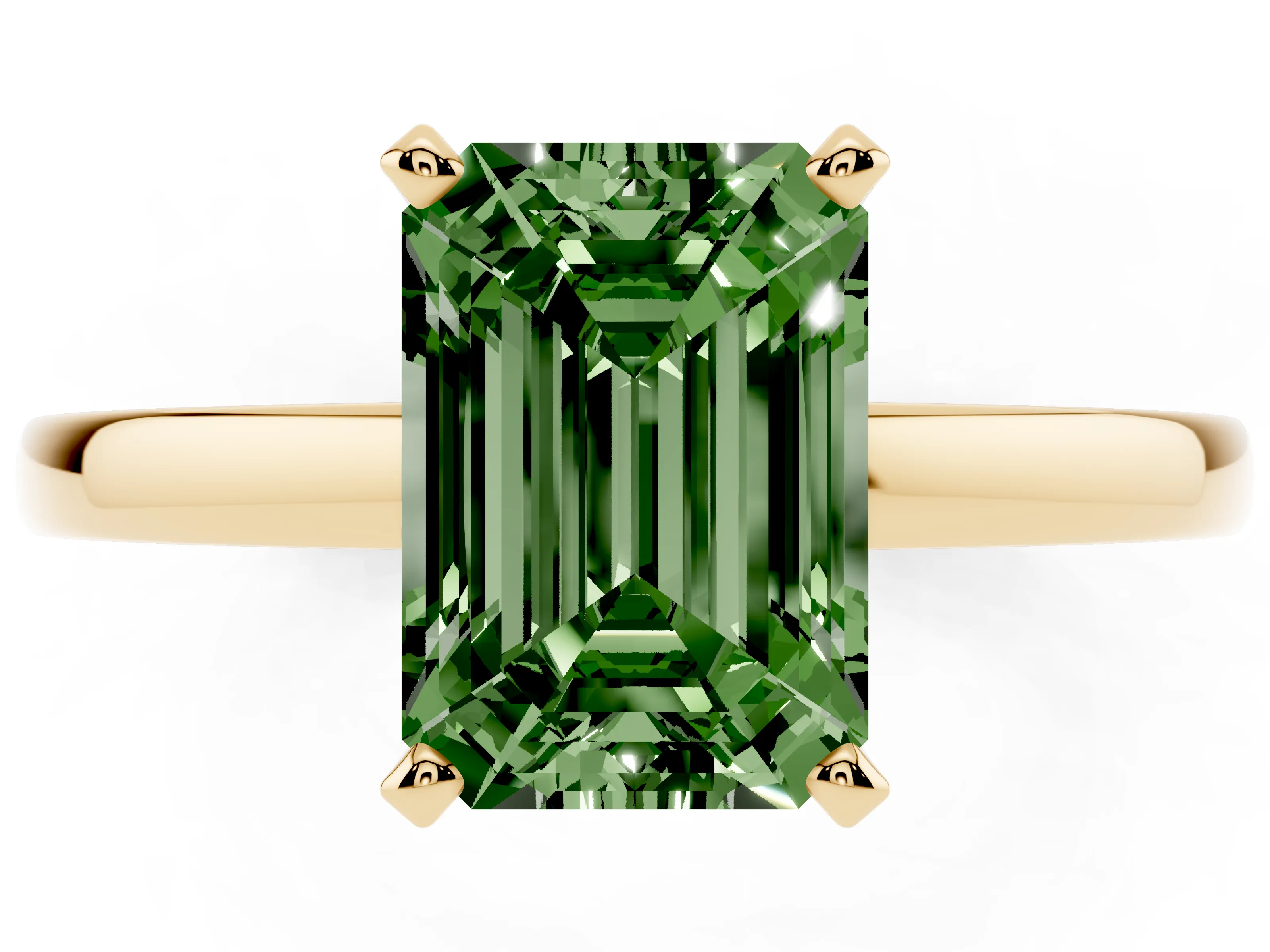 Fancy Green Emerald Cut Diamond Solitaire Engagement Ring Set in Yellow gold with Prong Setting on a Classic Band