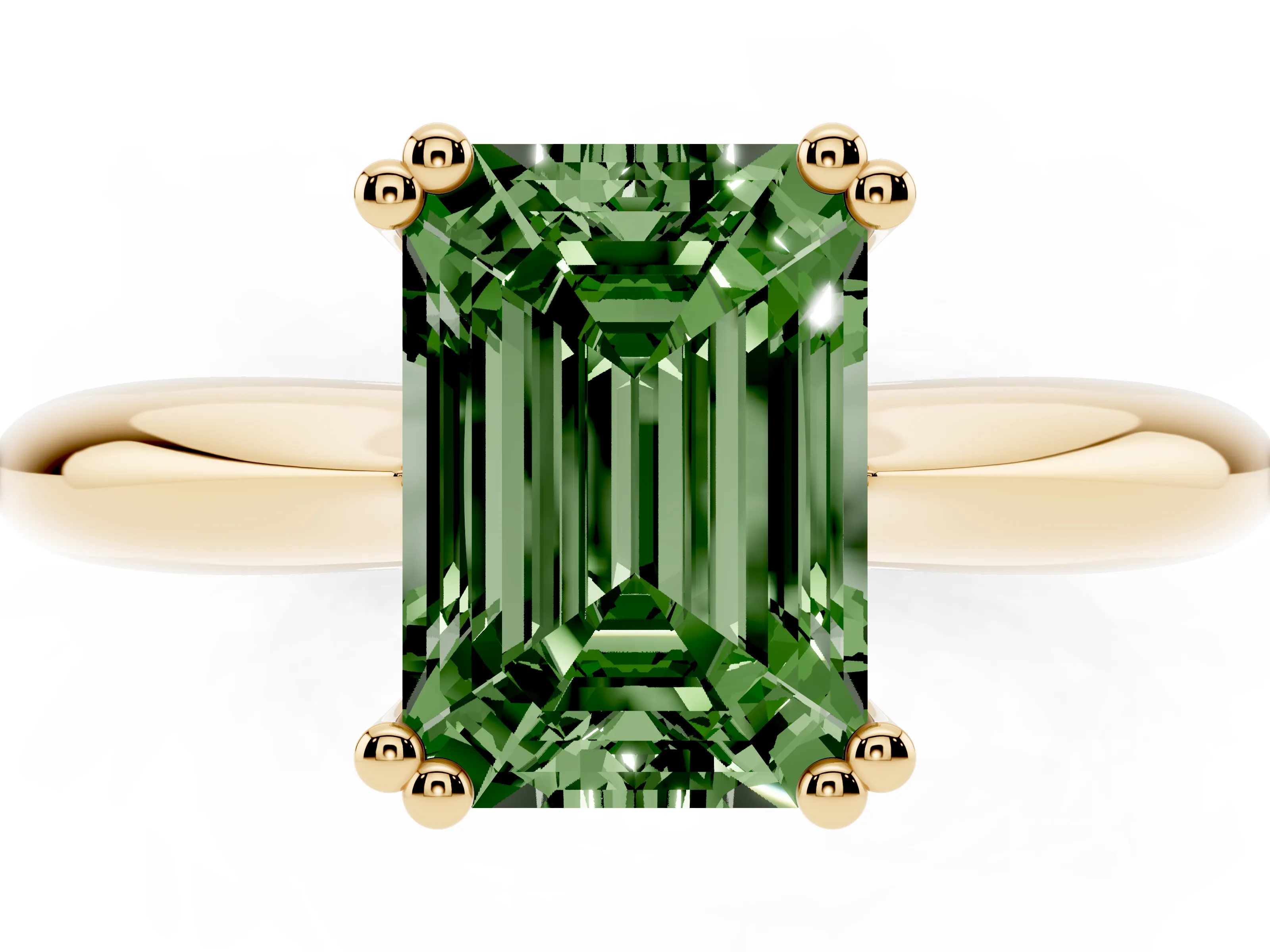 Fancy Green Emerald Cut Diamond Solitaire Engagement Ring Set in Yellow gold with Tapered Band and Prong Setting