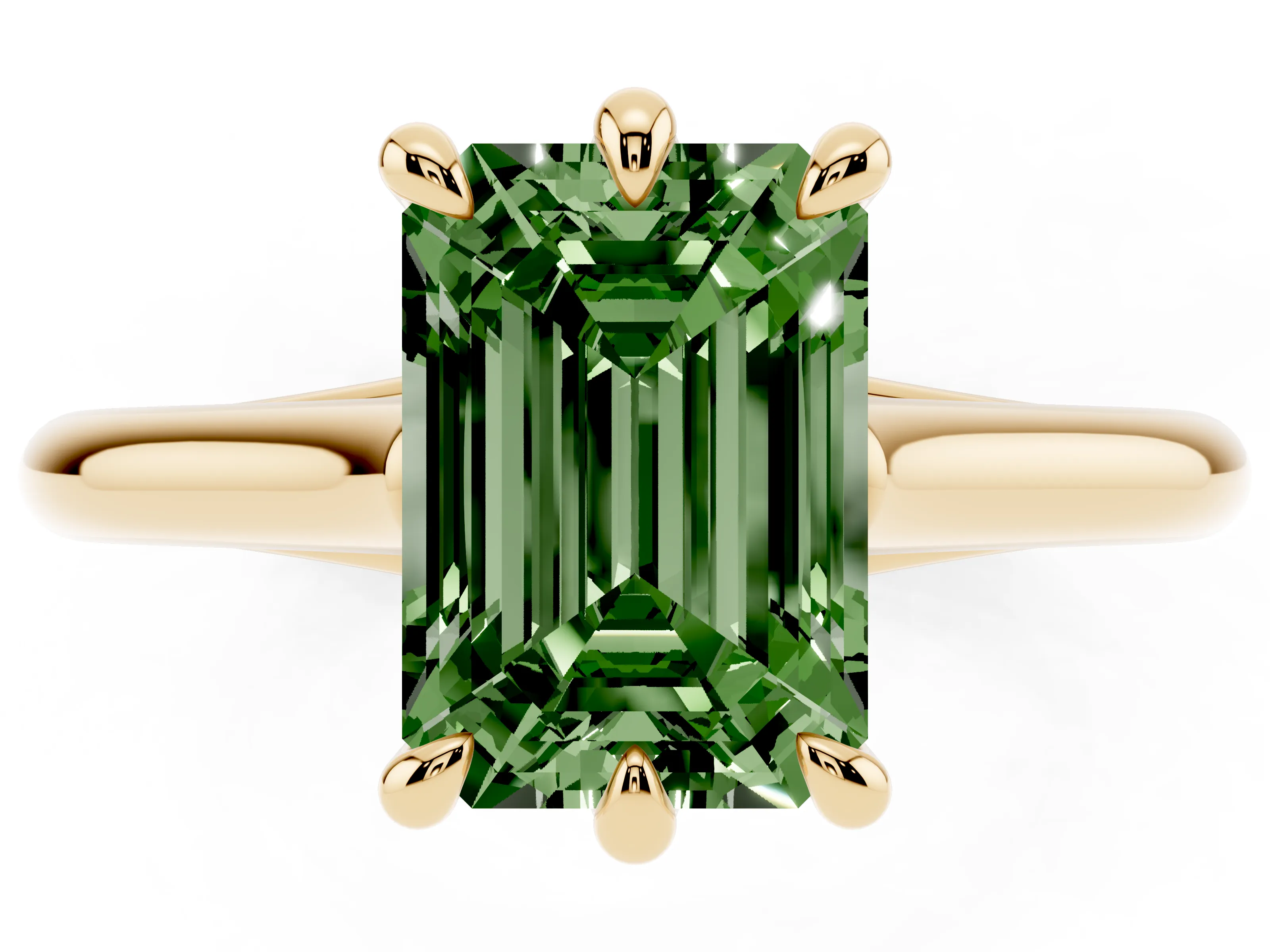 Fancy Green Emerald Cut Diamond Solitaire Engagement Ring Set in Yellow gold with Prong Setting and Plain Classic Band