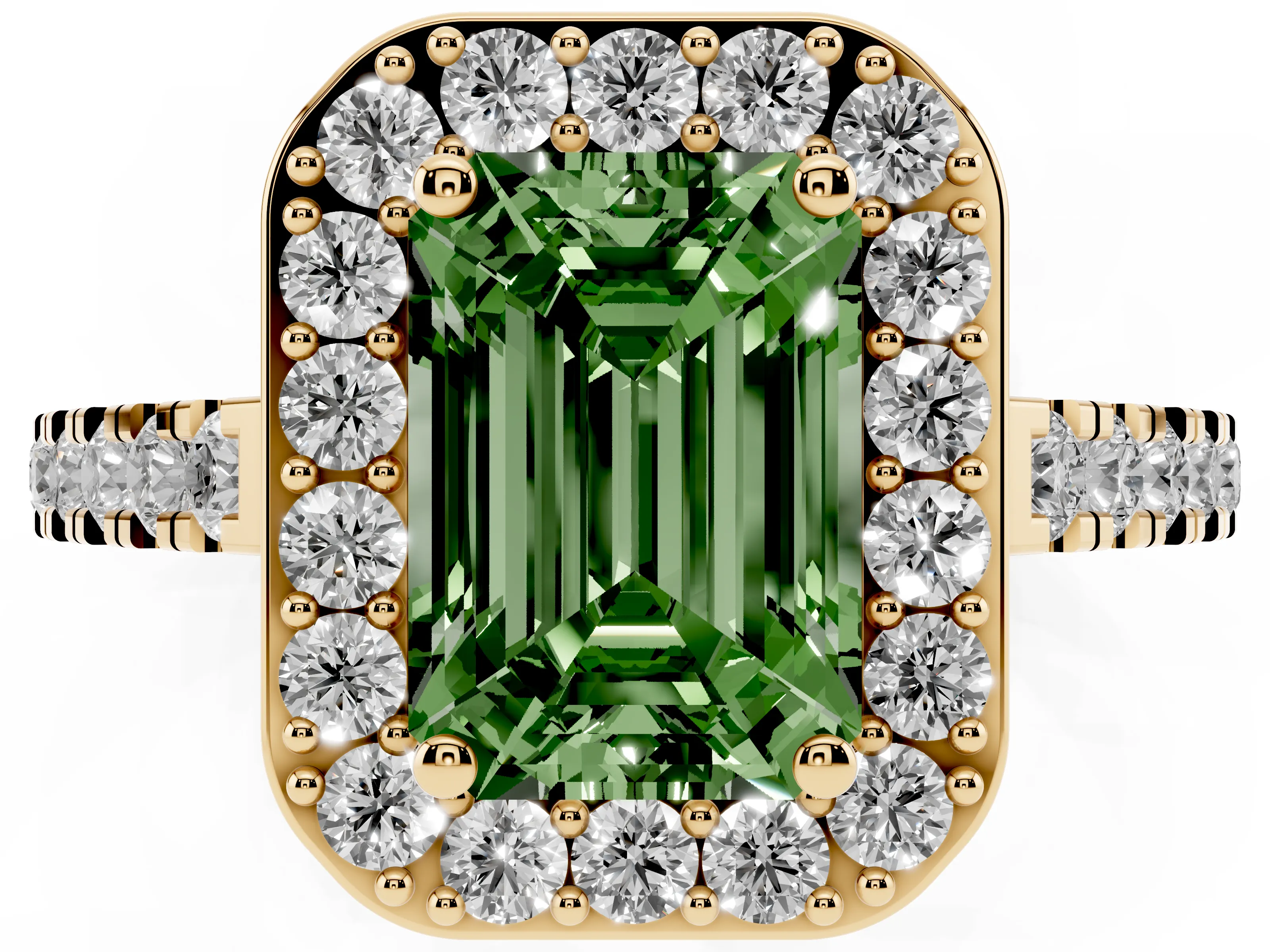 Fancy Green Emerald Cut Diamond Halo Ring Set in Yellow gold with Round Pavé Split Shank and Prong Setting