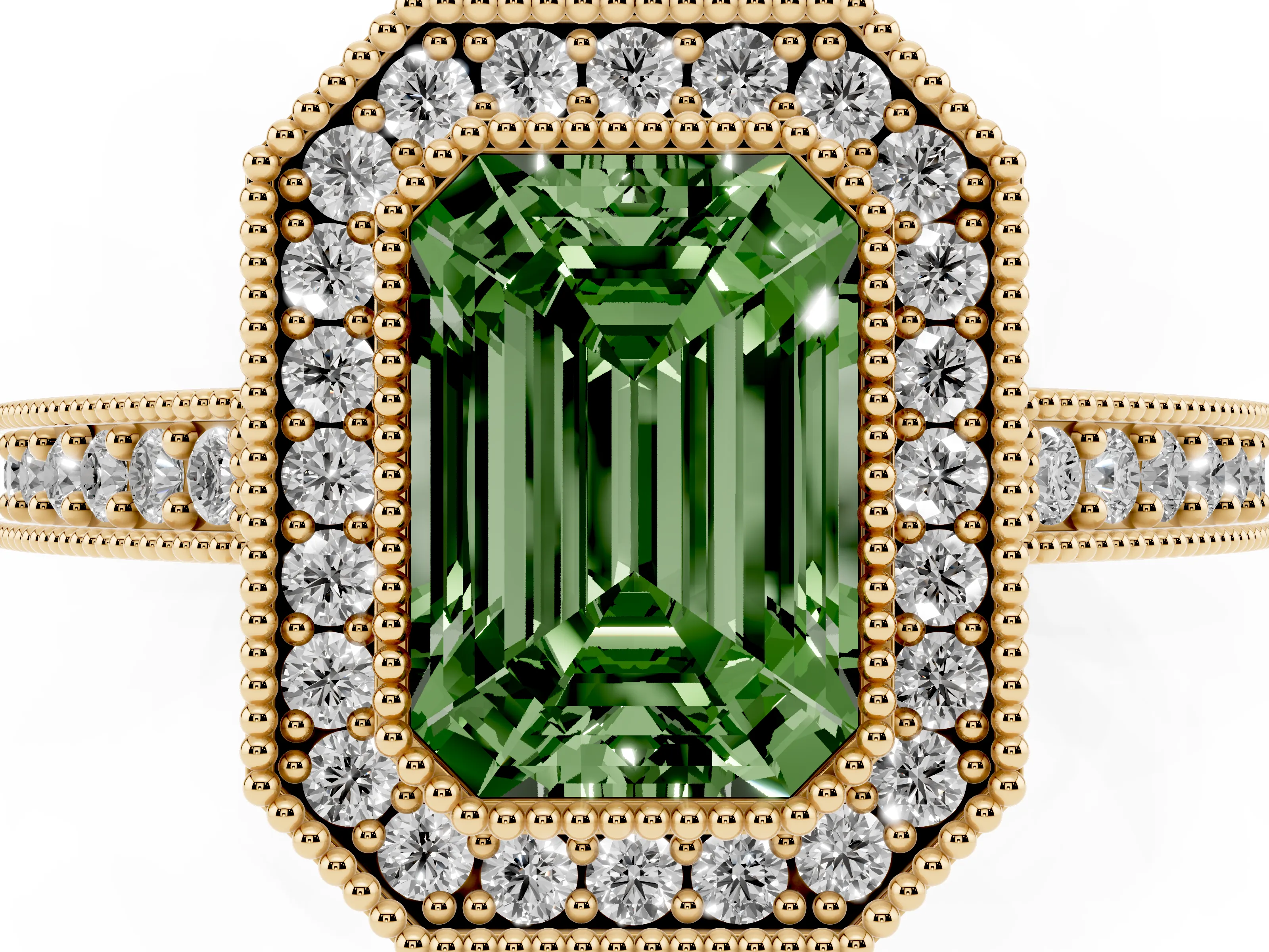 Fancy Green Emerald Cut Diamond Halo Engagement Ring Set in Yellow gold with Pavé Band and Round Halo Stones