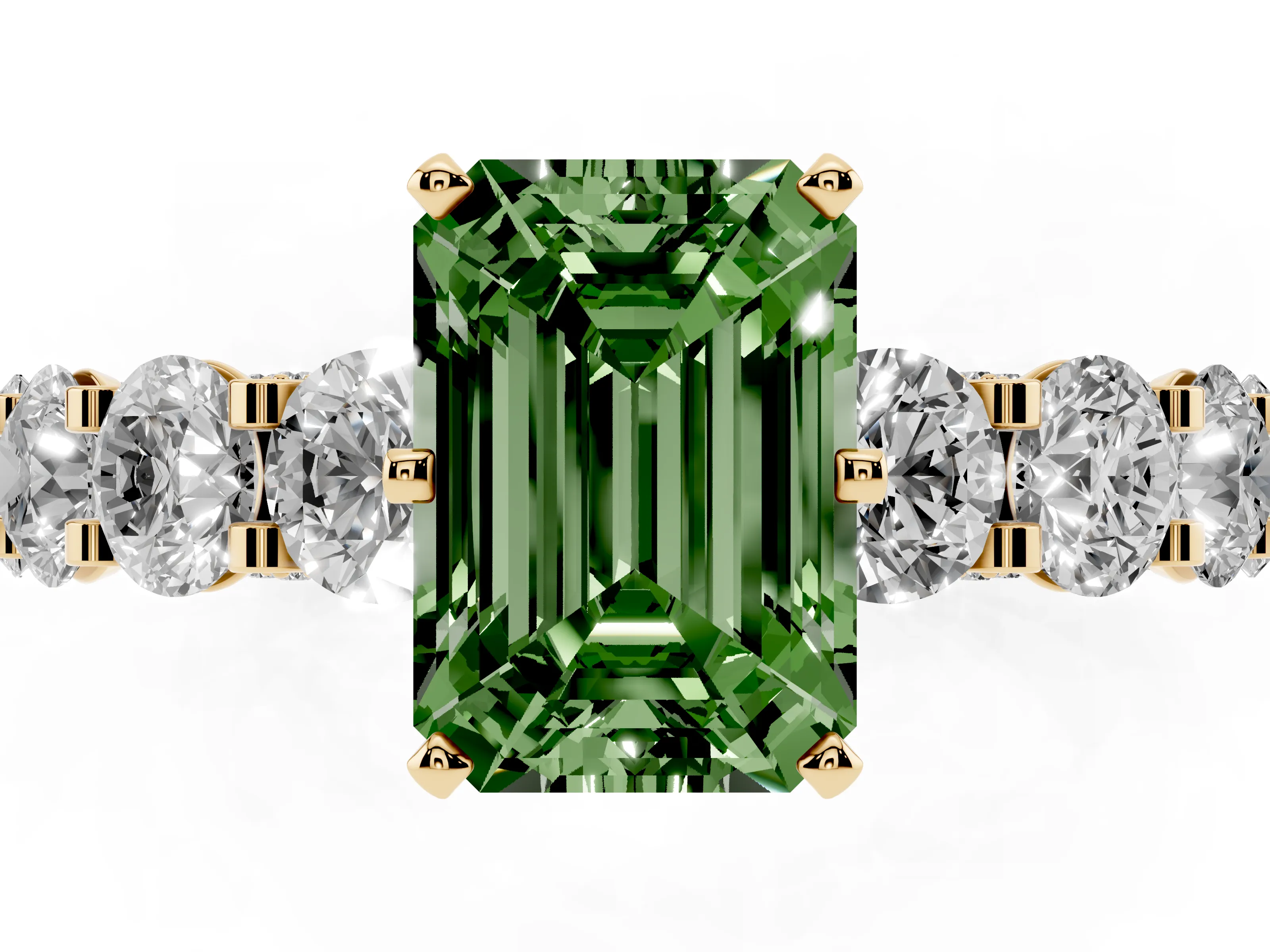 Fancy Green Emerald Cut Diamond Side Stone Ring Set in Yellow gold with Alternating Round and Oval Side Stones