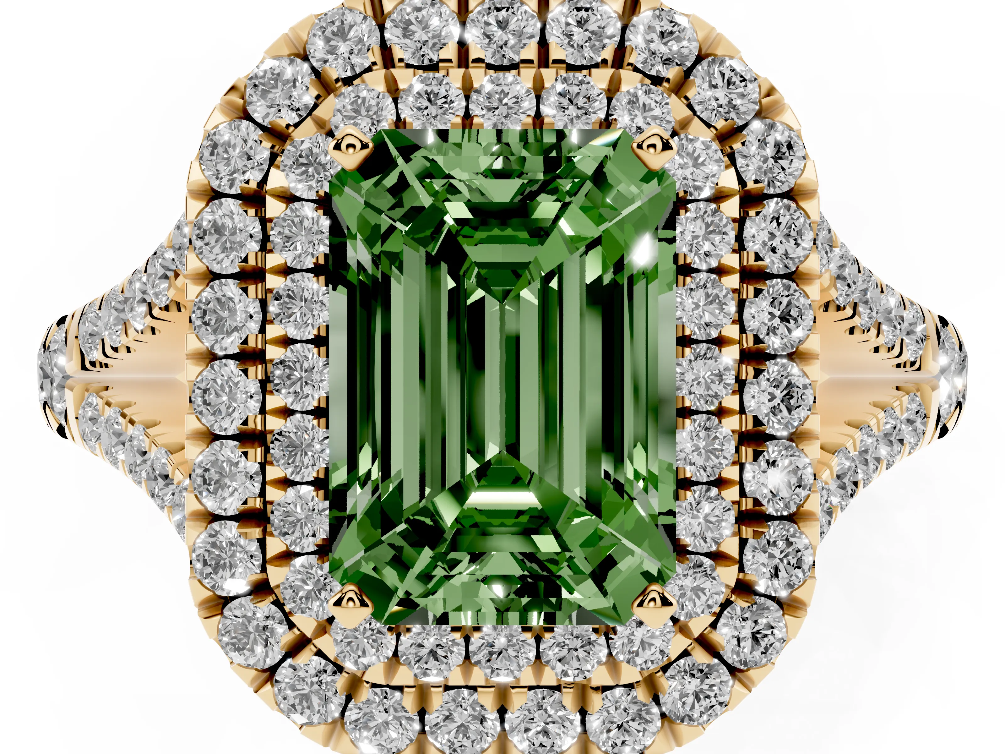 Fancy Green Emerald Cut Diamond Pavé Split Shank Double Halo Engagement Ring Set in Yellow gold