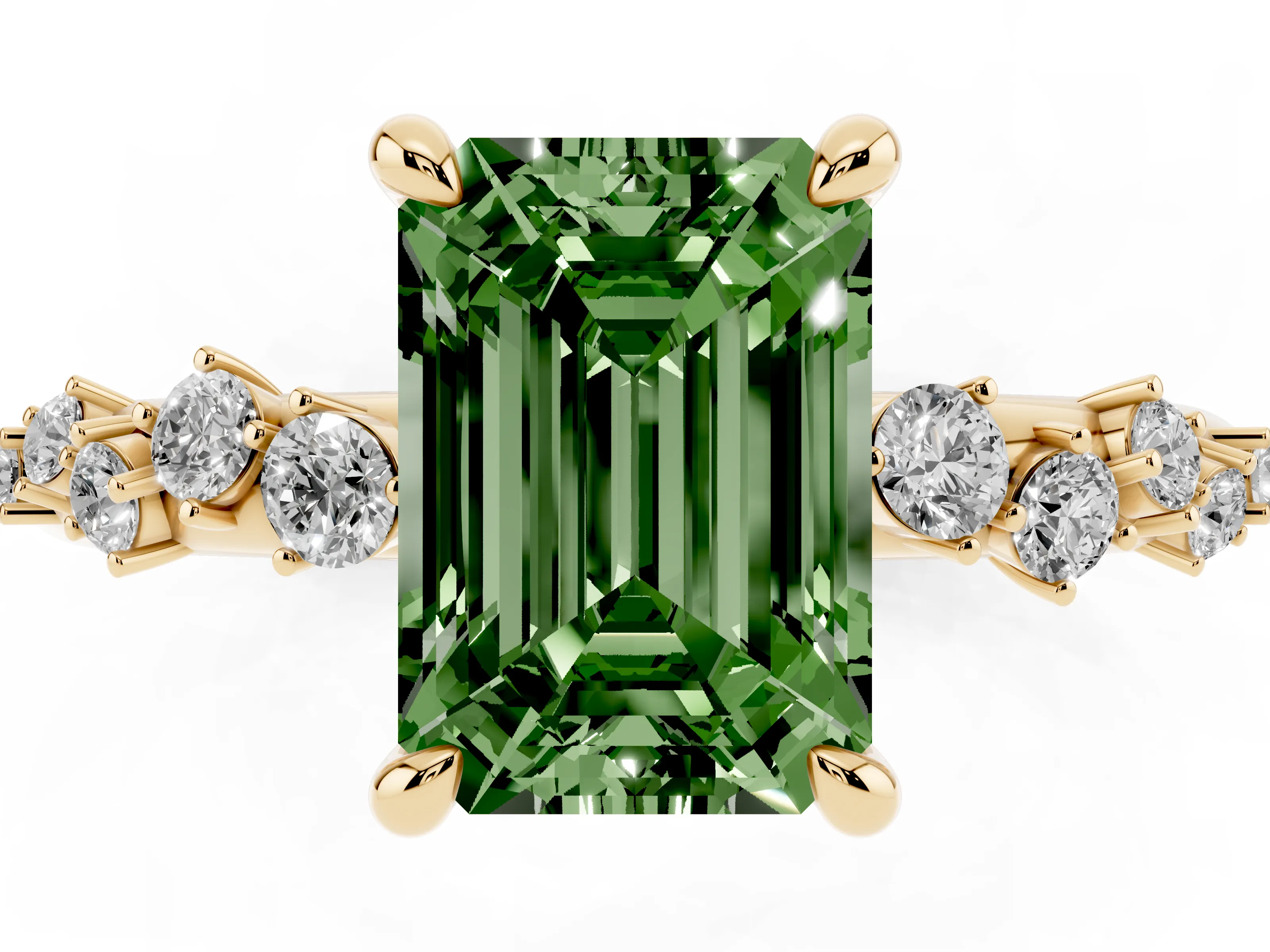 Fancy Green Emerald Cut Diamond Solitaire Vine Band Ring Set in Yellow gold with Round Accents and Prong Setting