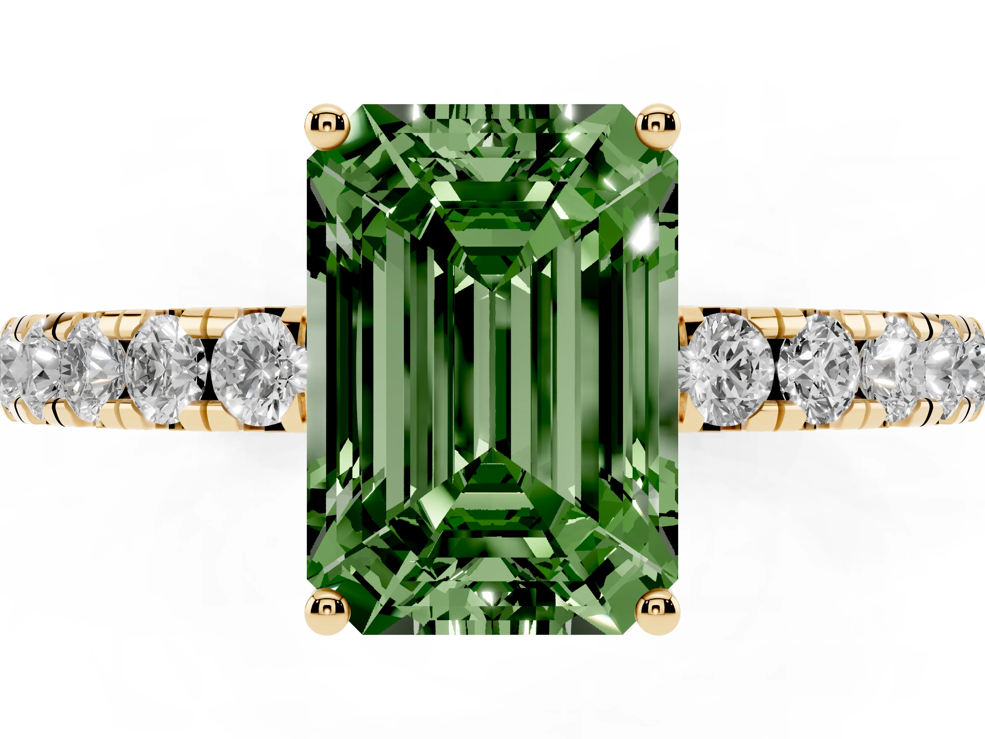Fancy Green Emerald Cut Diamond Pavé Solitaire Engagement Ring Set in Yellow gold with Prong Setting