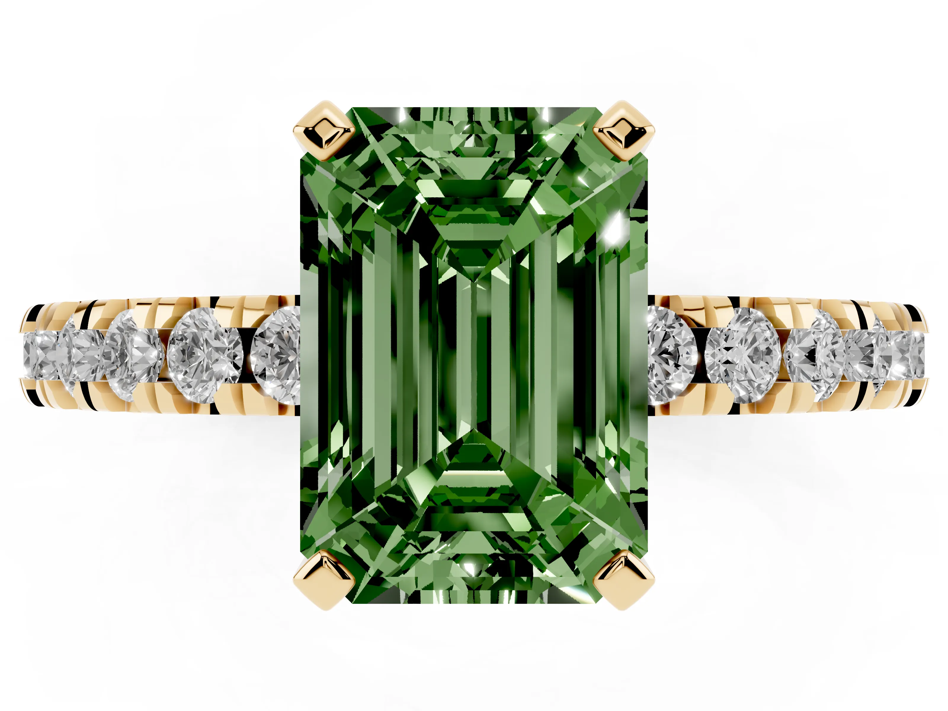Fancy Green Emerald Cut Diamond Pavé Band Solitaire Set in Yellow gold with Prong Setting