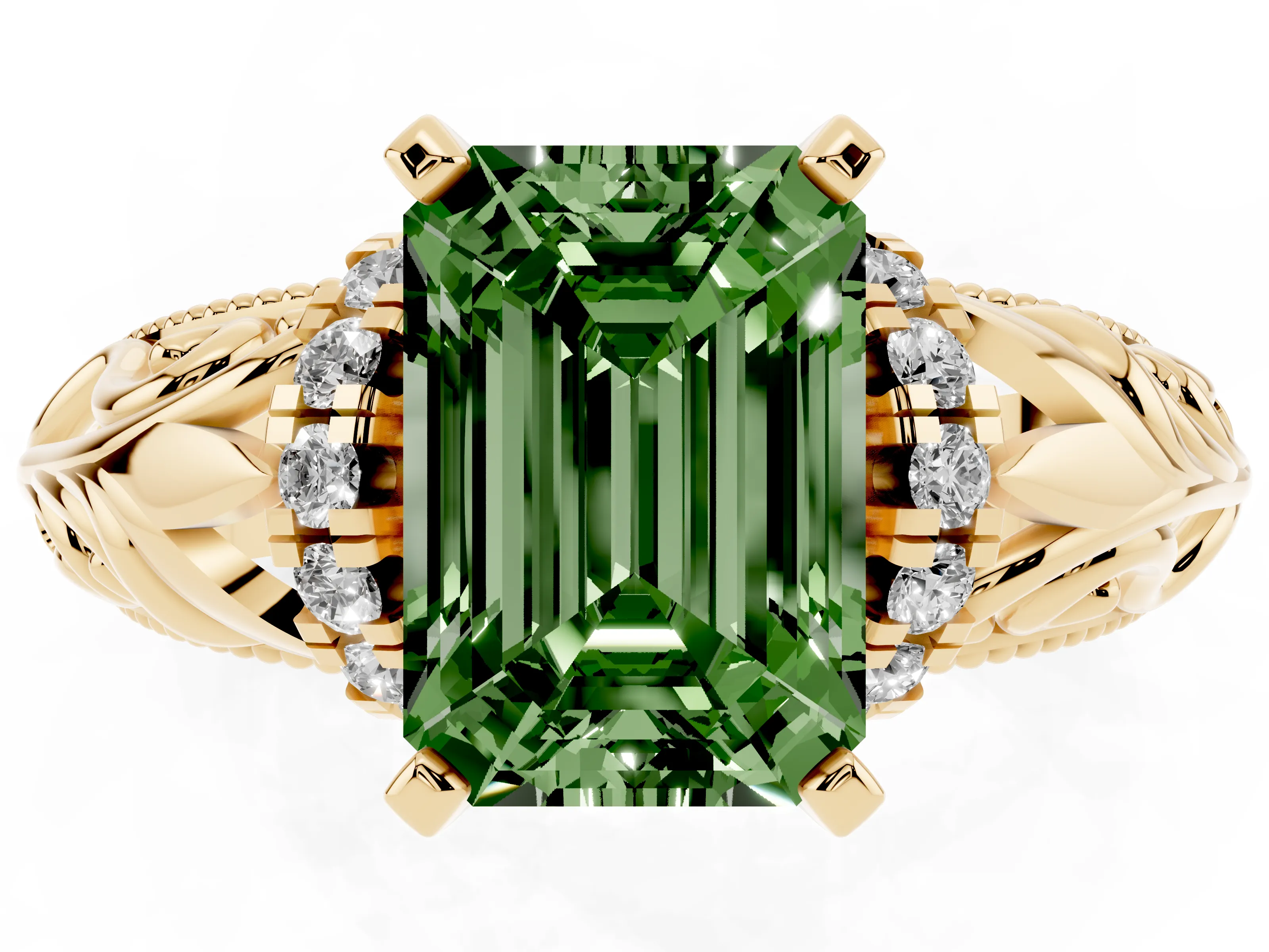 Fancy Green Emerald Cut Diamond Filigree Halo Engagement Ring Set in Yellow gold with Prong Setting