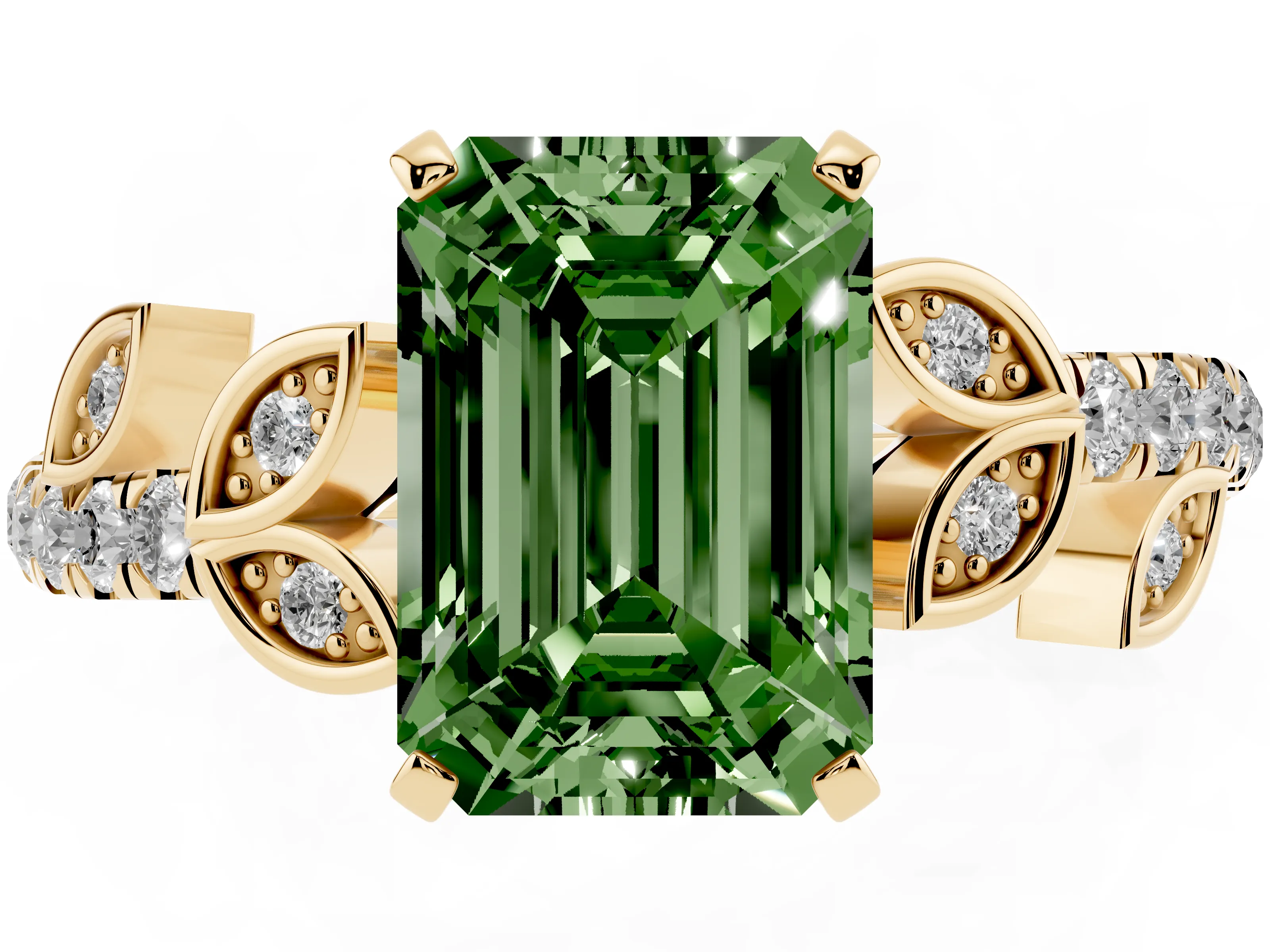 Fancy Green Emerald Cut Diamond Solitaire Leaf-Inspired Ring Set in Yellow gold with Pavé Band and Prong Setting