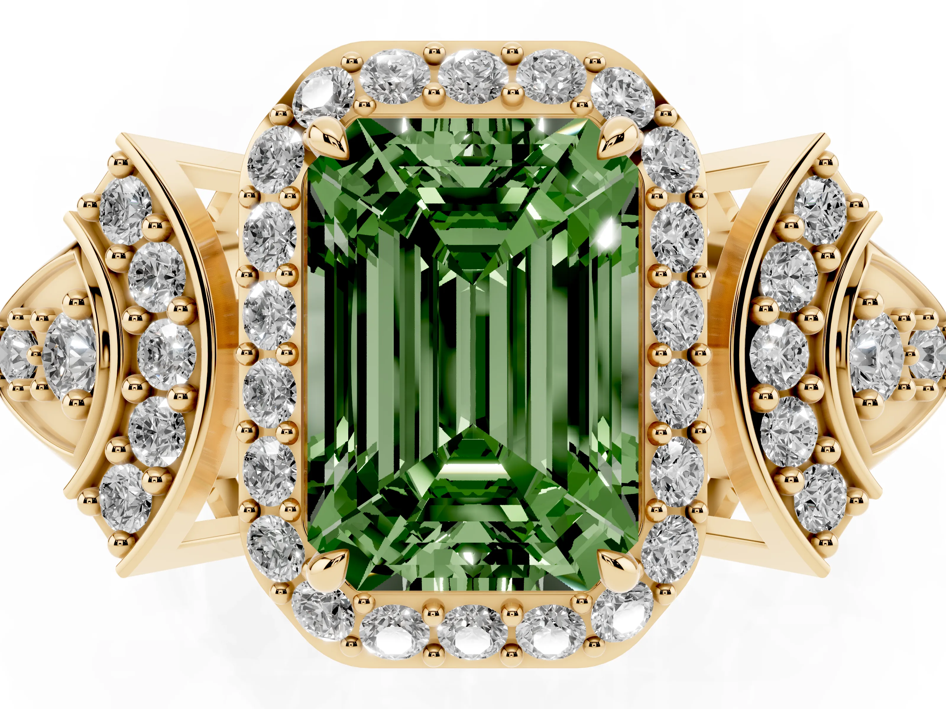 Fancy Green Emerald Cut Diamond Halo Engagement Ring Set in Yellow gold with Accent Stone Split Shank