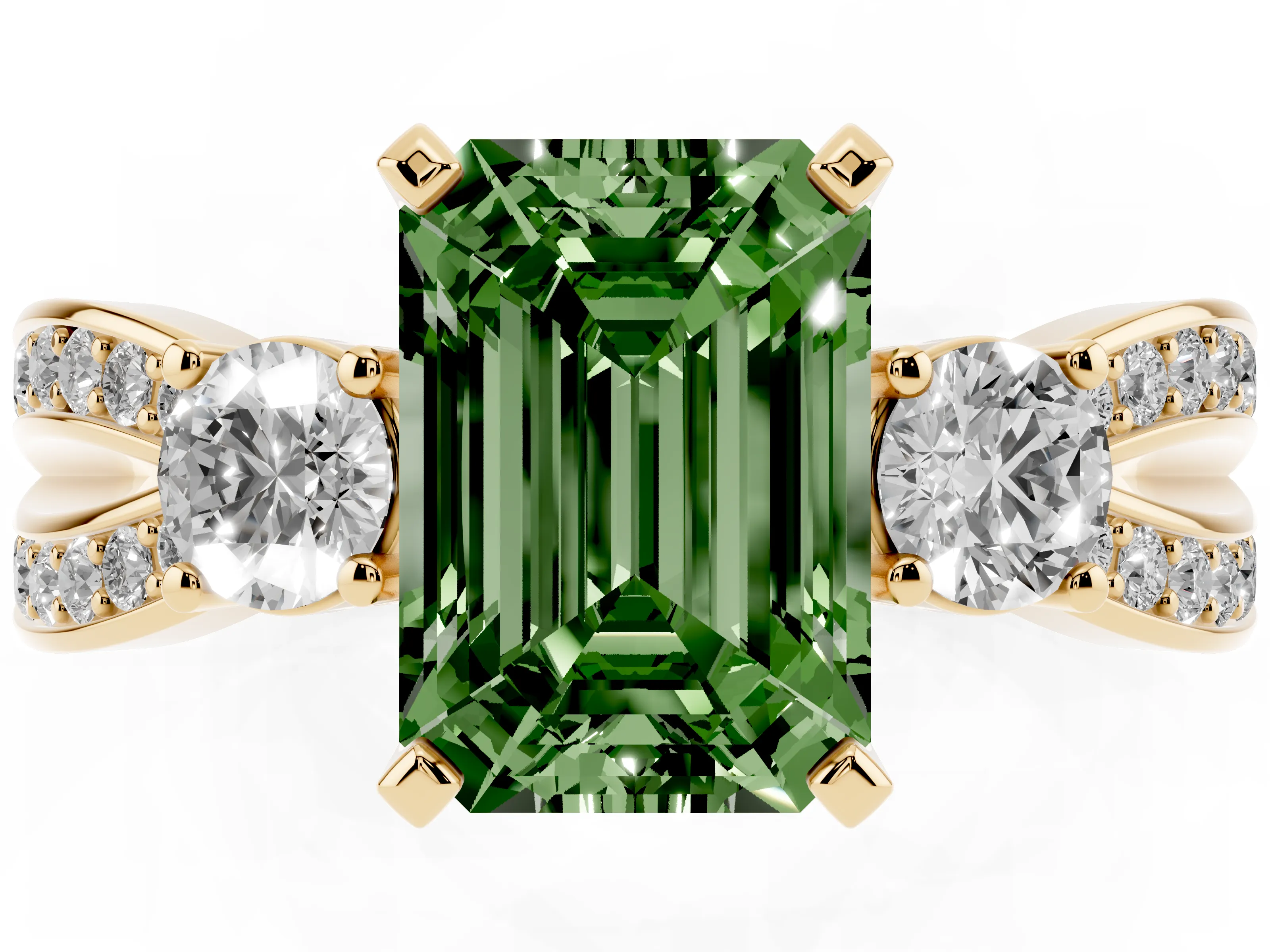 Fancy Green Three-Stone Emerald Cut Diamond Twist Band Ring Set in Yellow gold with Pavé Accents and Prong Setting