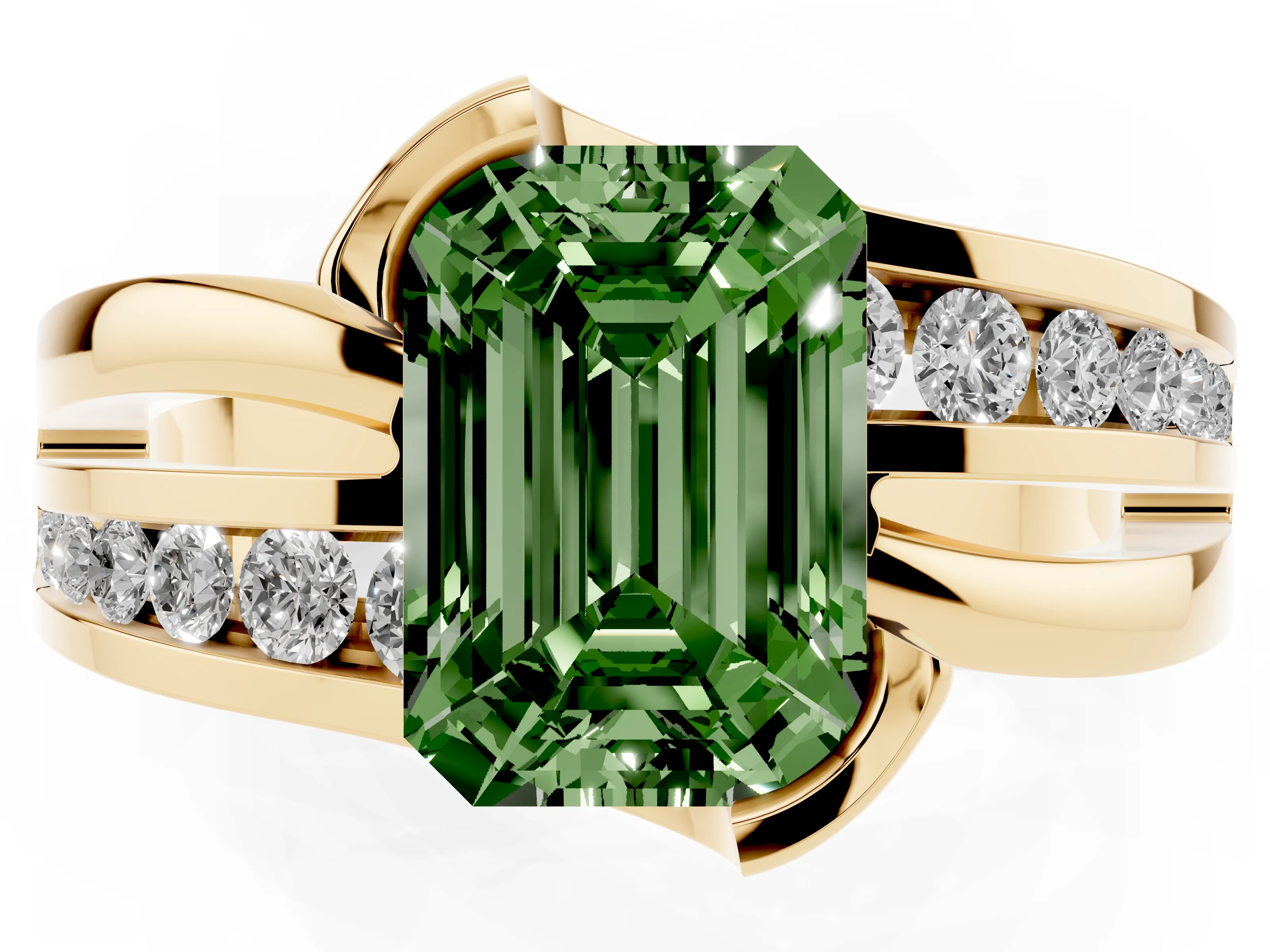 Fancy Green Emerald Cut Diamond Solitaire Ring Set in Yellow gold with Channel Set Split Shank and Tension Prongs
