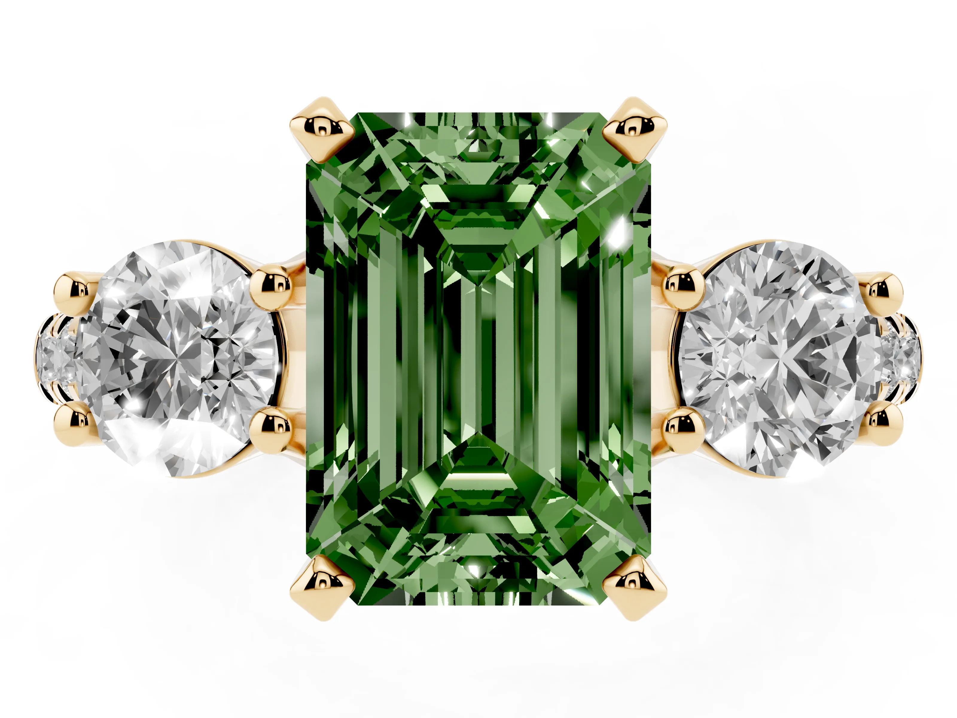 Fancy Green Three-Stone Emerald Cut Diamond Pavé Band Ring Set in Yellow gold with Prong-Set Trio