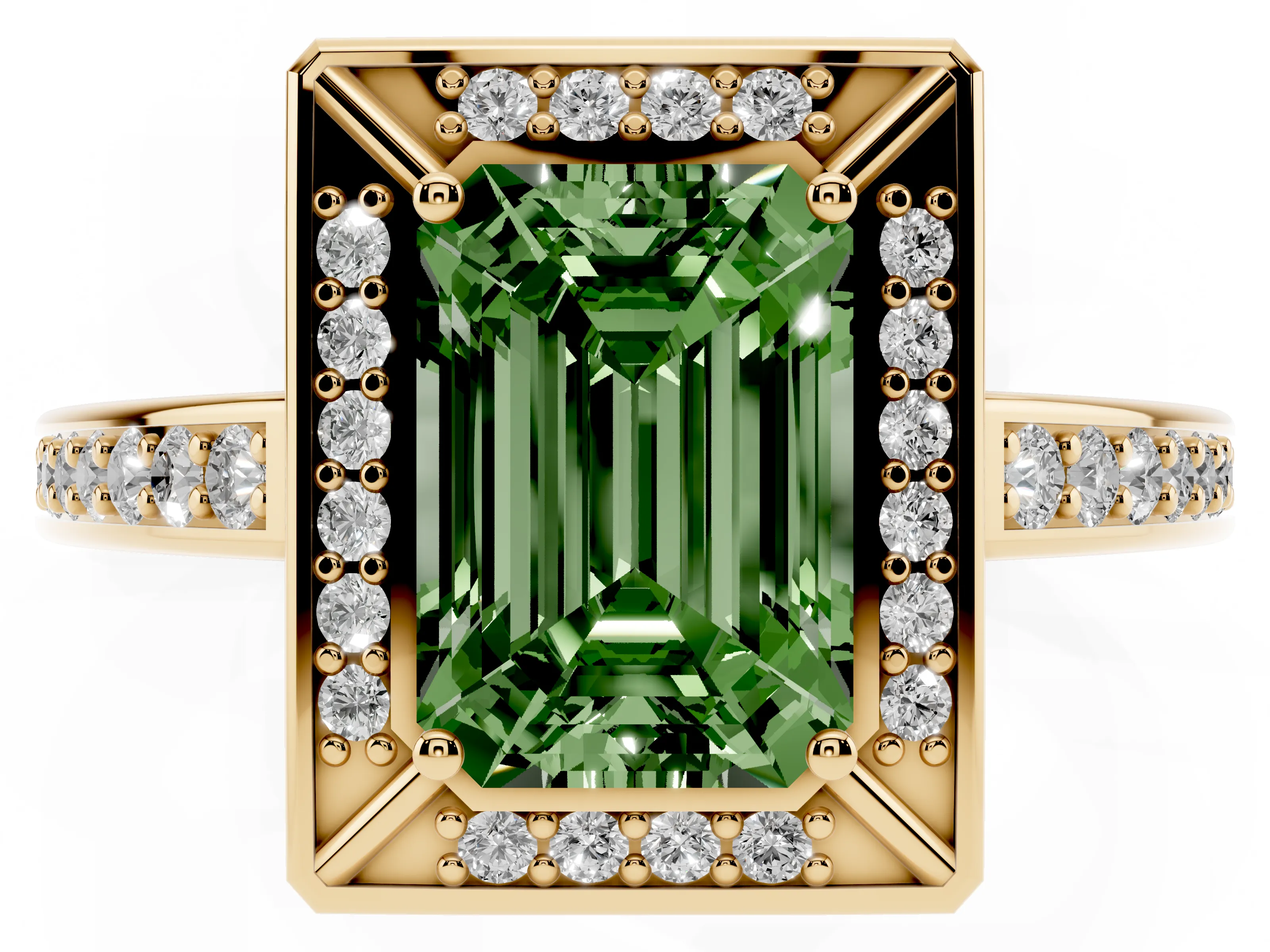 Fancy Green Emerald Cut Diamond Halo Pavé Split Shank Ring Set in Yellow gold with Prong Setting