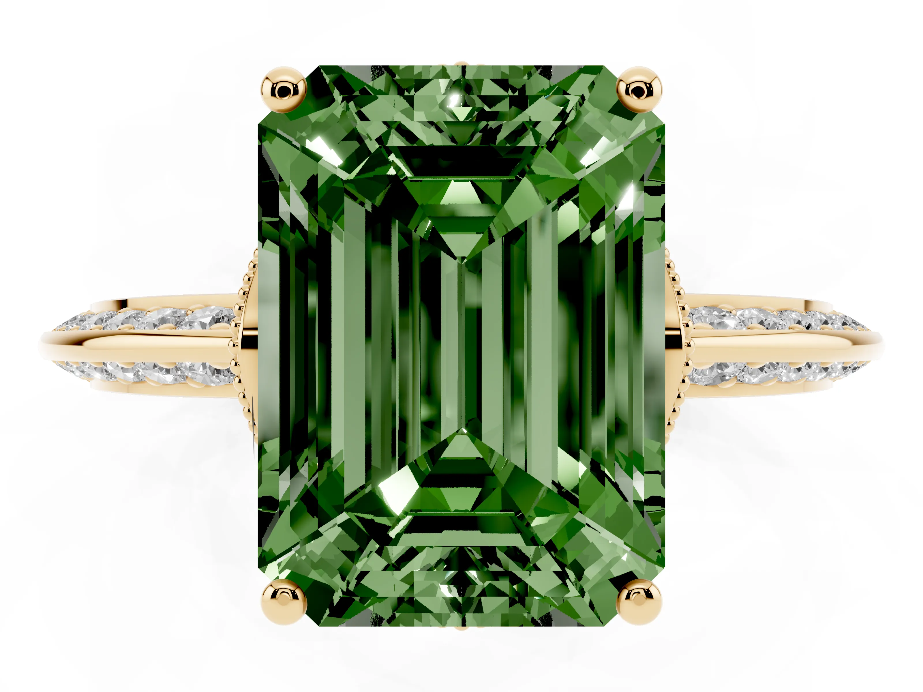 Fancy Green Emerald Cut Diamond Solitaire Engagement Ring Set in Yellow gold with Pavé Split Shank and Prong Setting