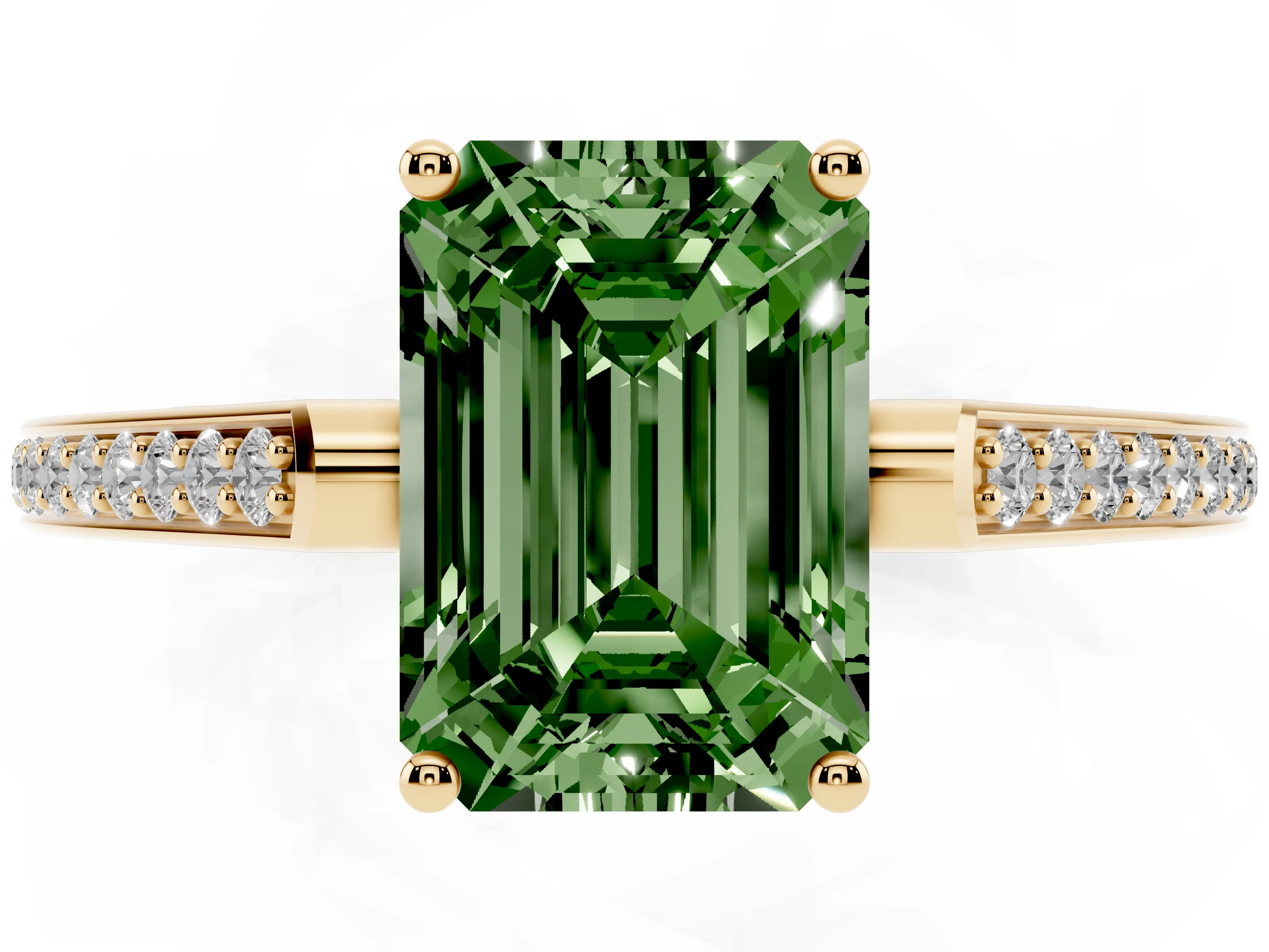 Fancy Green Emerald Cut Diamond Cathedral Pavé Engagement Ring Set in Yellow gold with Prong Setting