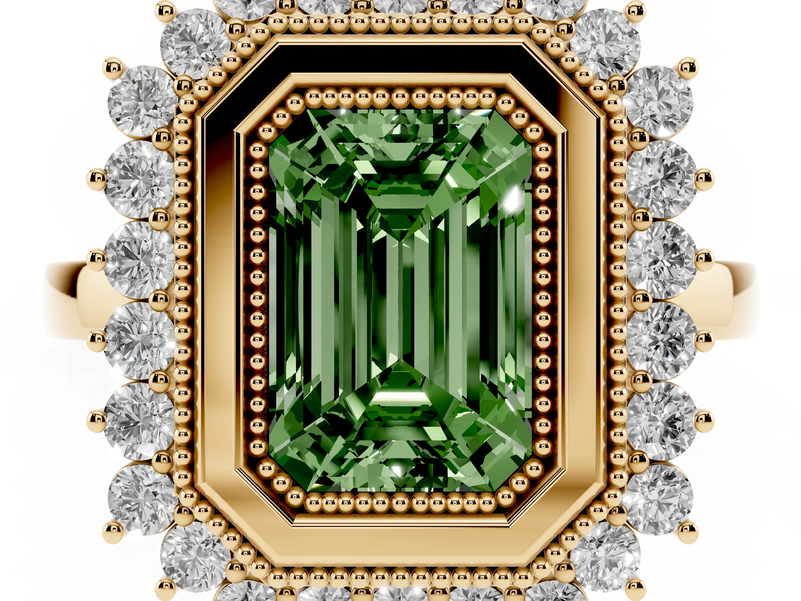 Fancy Green Emerald Cut Diamond Halo Ring Set in Yellow gold with Milgrain Edge and Round Prong Setting