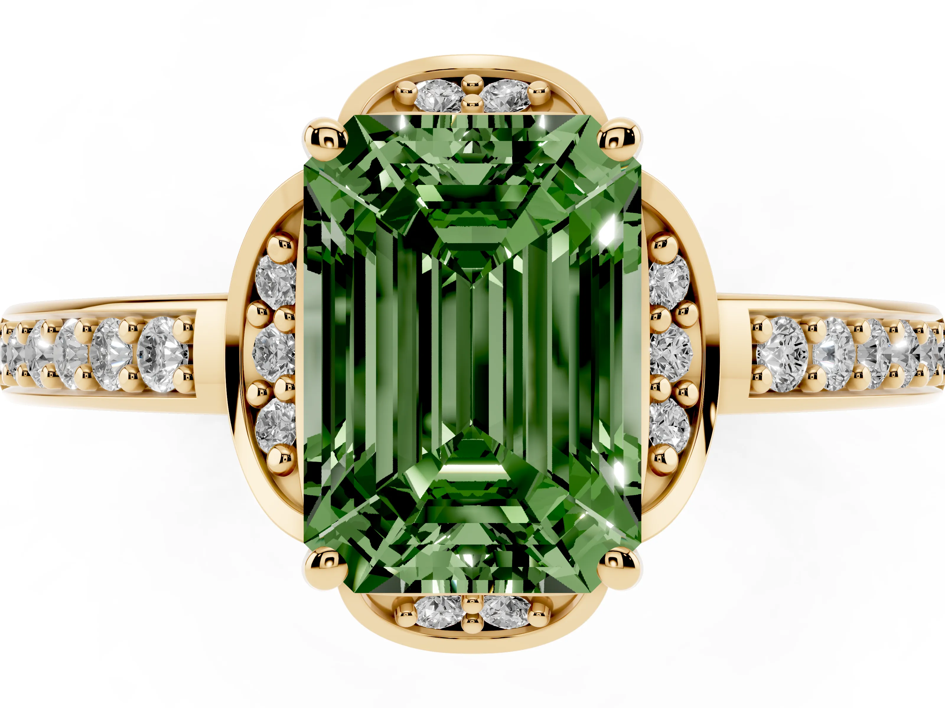 Fancy Green Emerald Cut Diamond Halo Ring Set in Yellow gold with Channel Set Band and Prong Setting