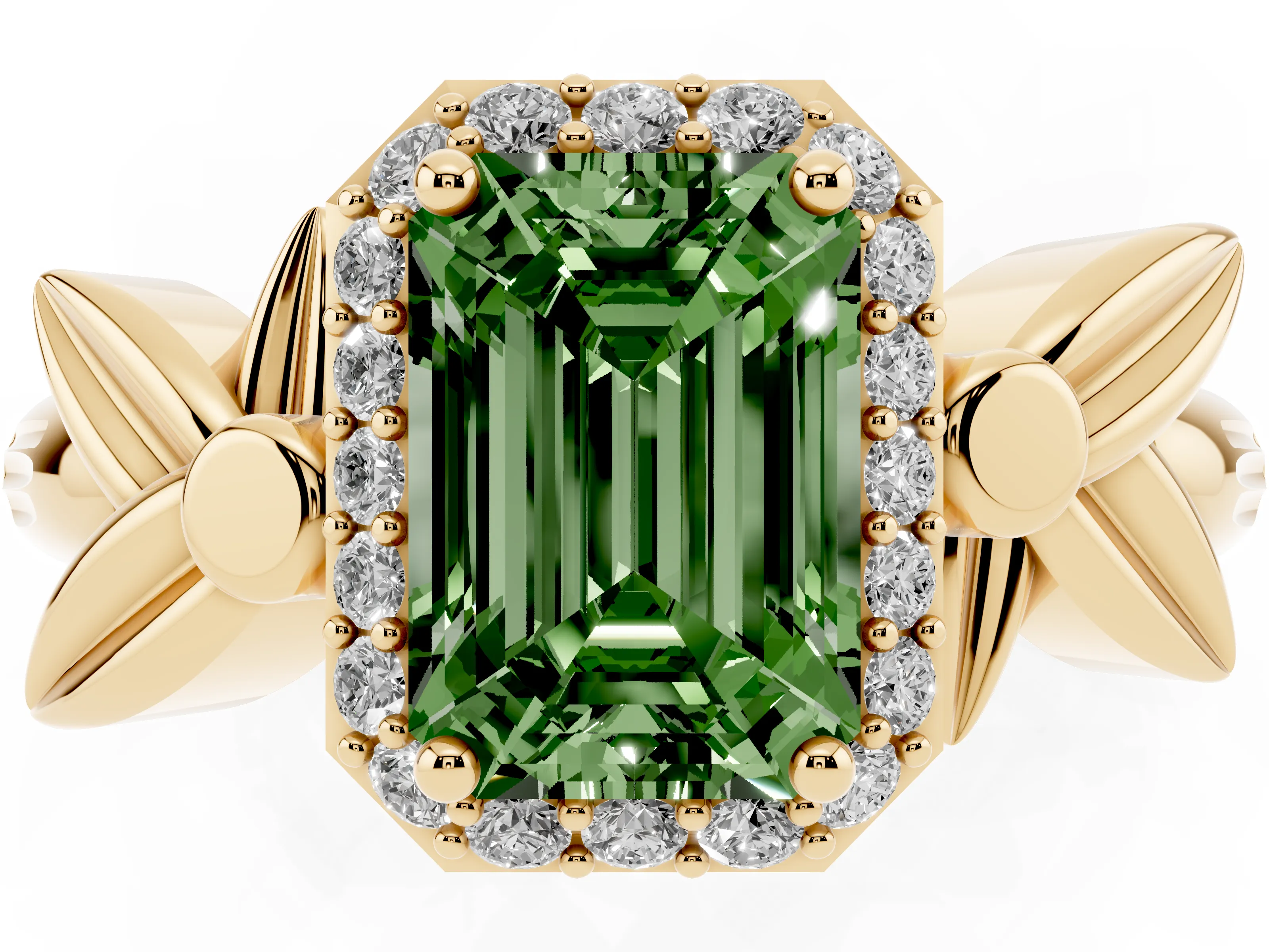 Fancy Green Emerald Cut Diamond Halo Floral Band Ring Set in Yellow gold with Prong Setting