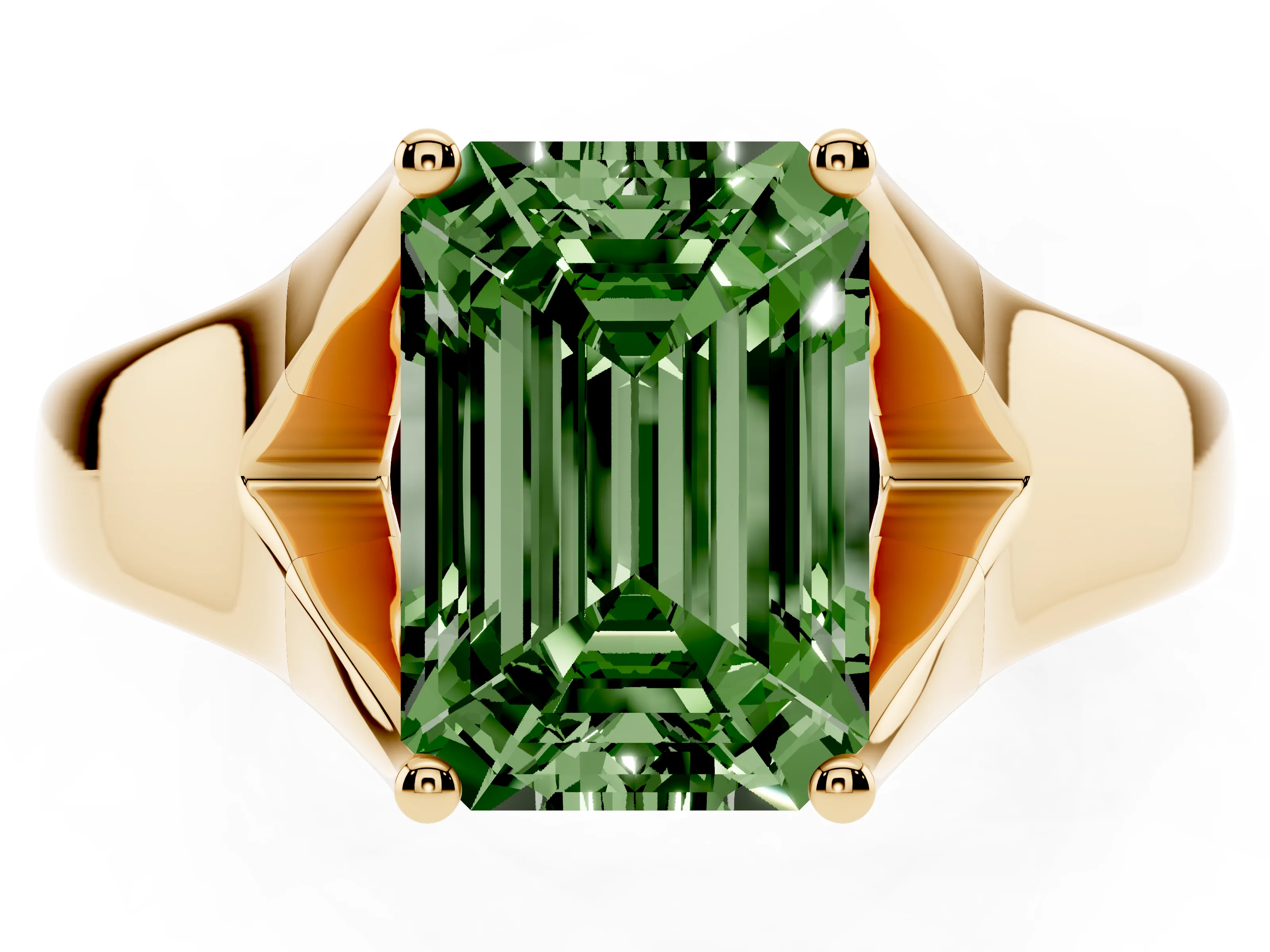 Fancy Green Emerald Cut Diamond Solitaire Ring Set in Yellow gold with Arched Cathedral Band and Prong Setting