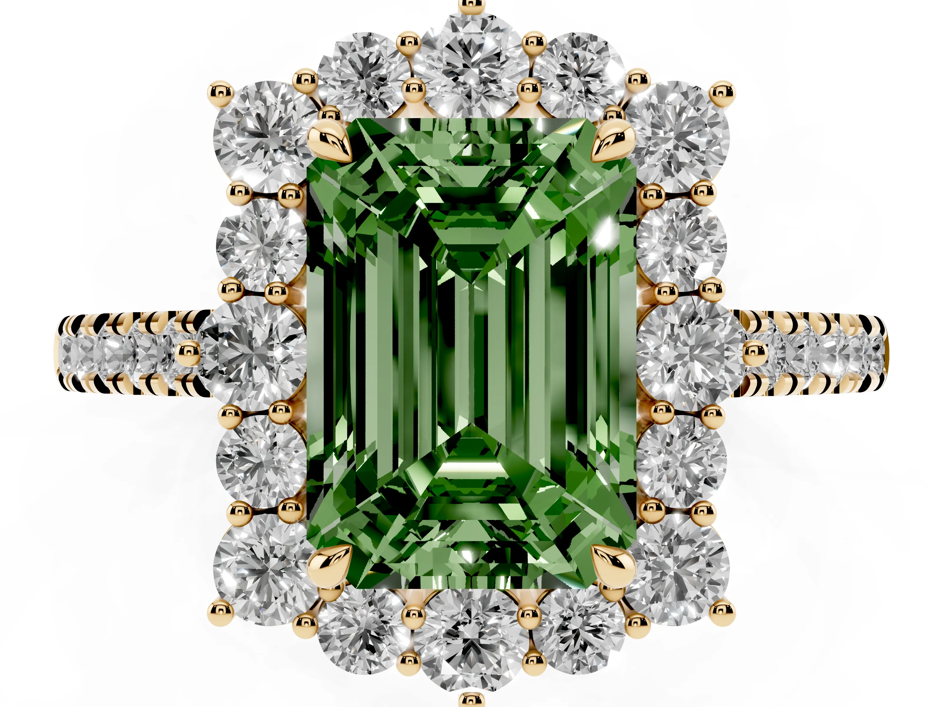 Fancy Green Emerald Cut Diamond Halo Ring Set in Yellow gold with Pavé Band and Prong Setting
