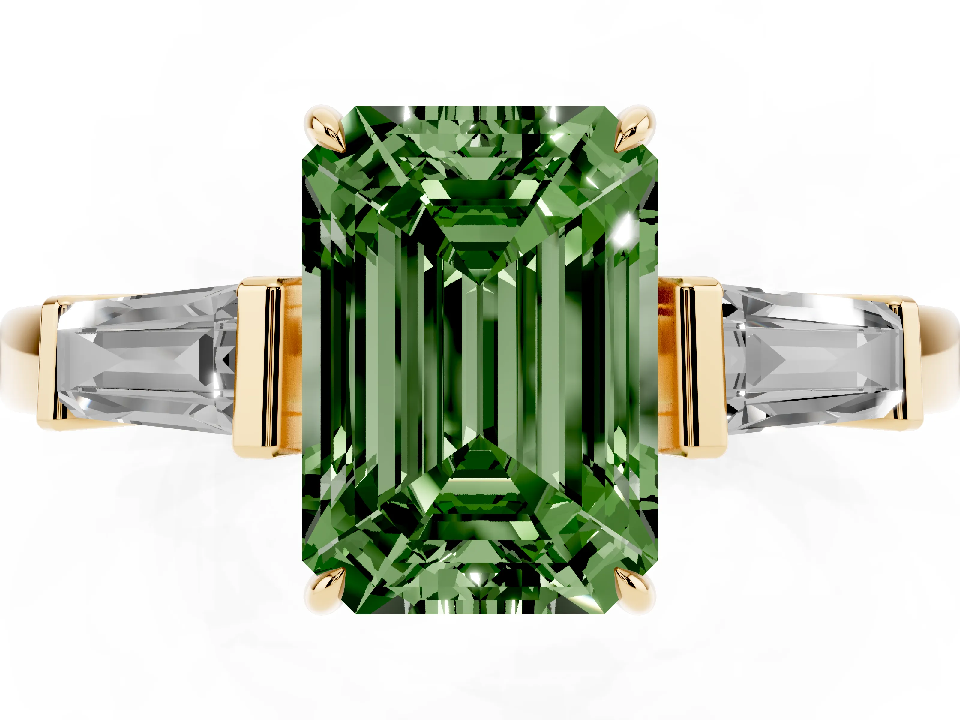 Fancy Green Emerald Cut Diamond Three-Stone Ring Set in Yellow gold with Tapered Baguette Side Stones and Prong Setting