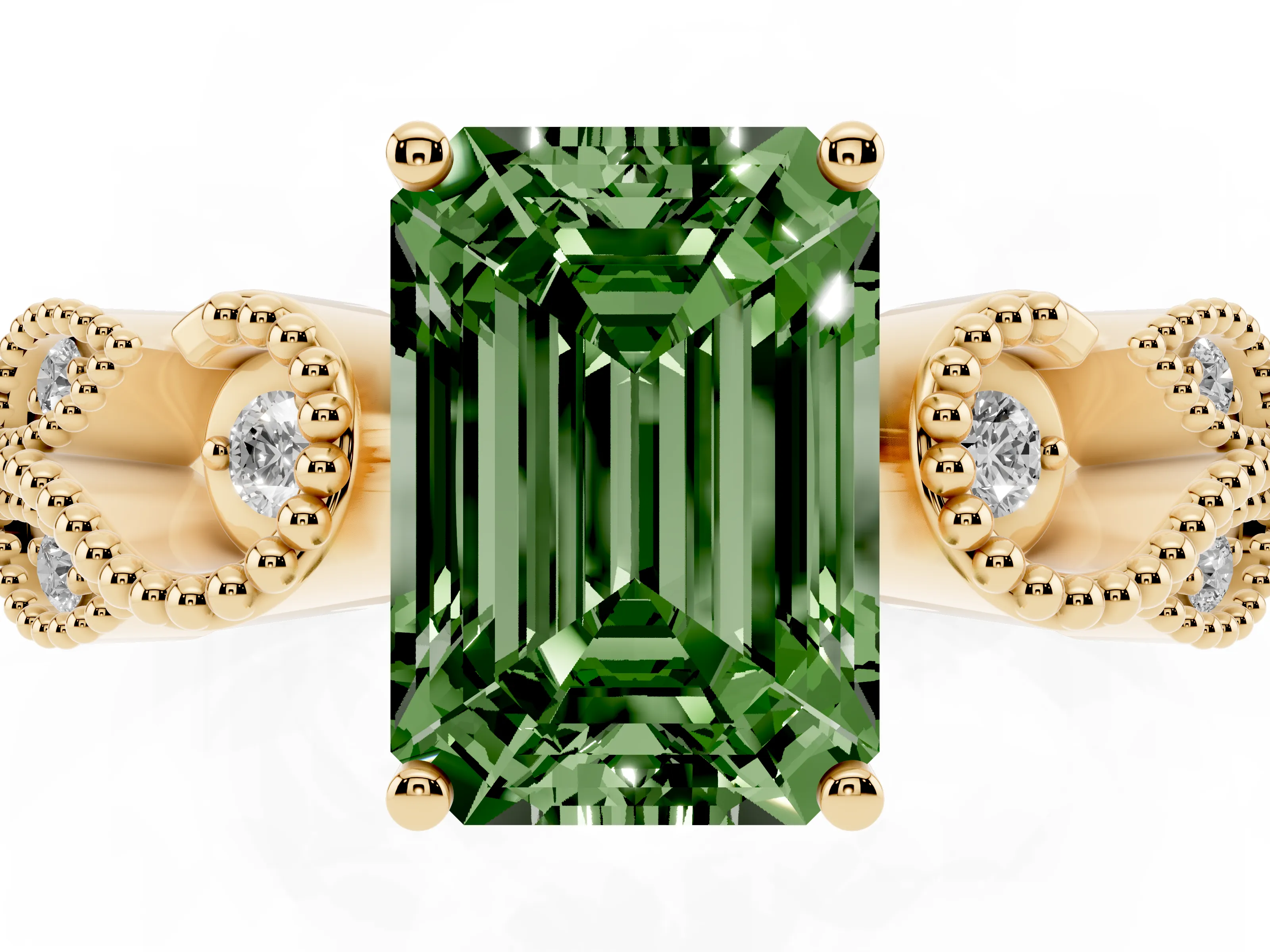 Fancy Green Emerald Cut Diamond Milgrain Leaf Band Solitaire Ring Set in Yellow gold with Accent Stones and Prong Setting
