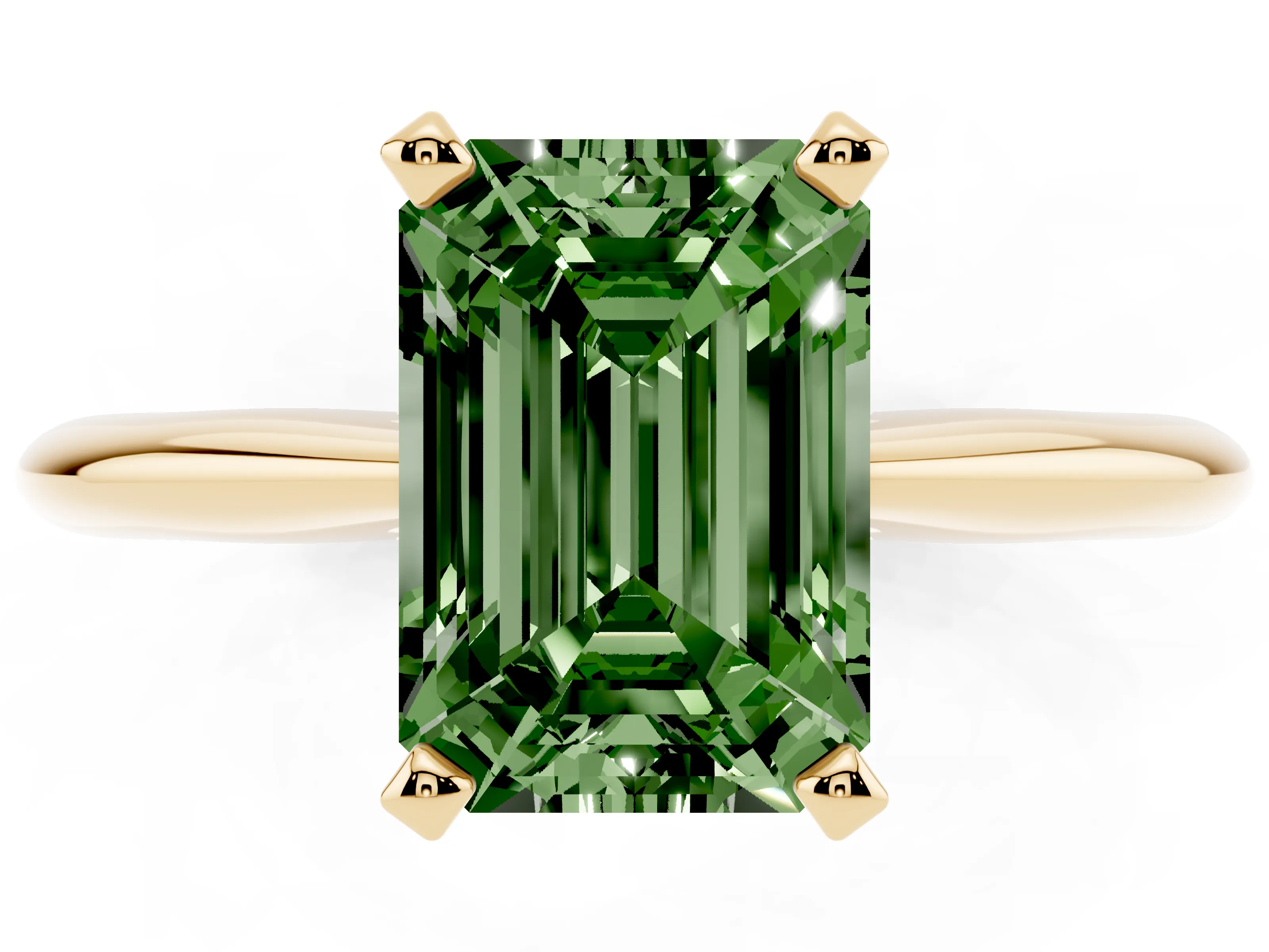 Fancy Green Emerald Cut Diamond Solitaire Ring Set in Yellow gold with Prong Setting on a Plain Round Band