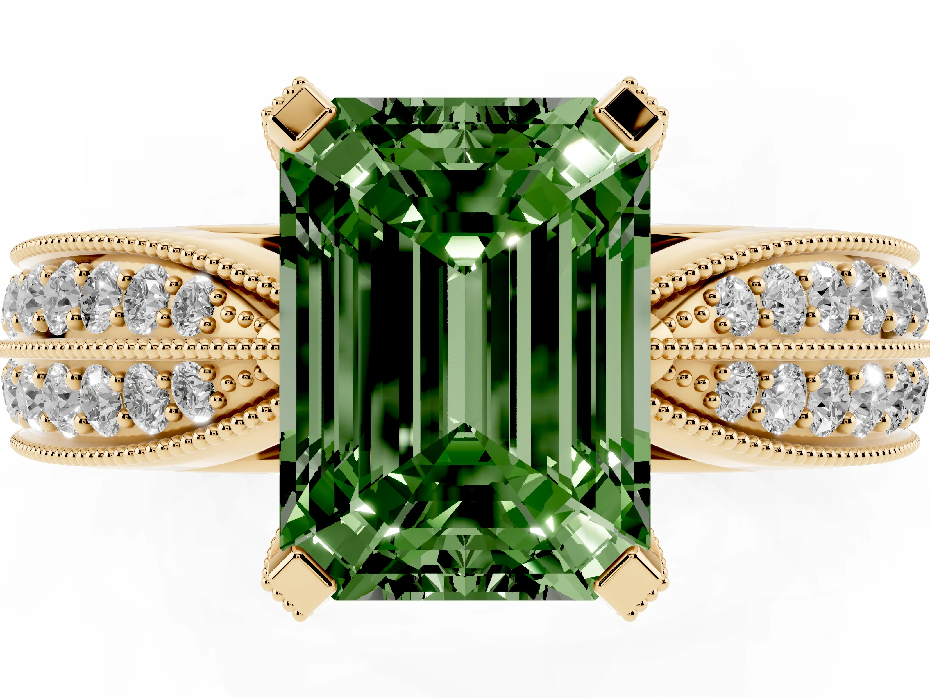 Fancy Green Emerald Cut Diamond Solitaire Ring Set in Yellow gold with Milgrain Double Row Round Pavé Band