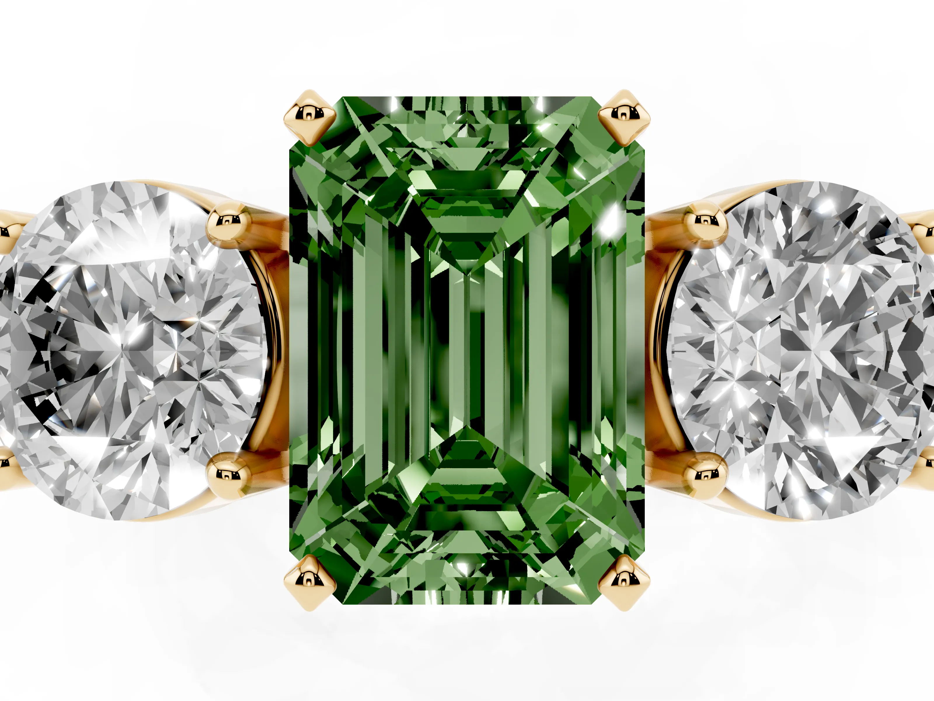 Fancy Green Emerald Cut Diamond Three-Stone Ring Set in Yellow gold with Round Side Stones and Classic Band