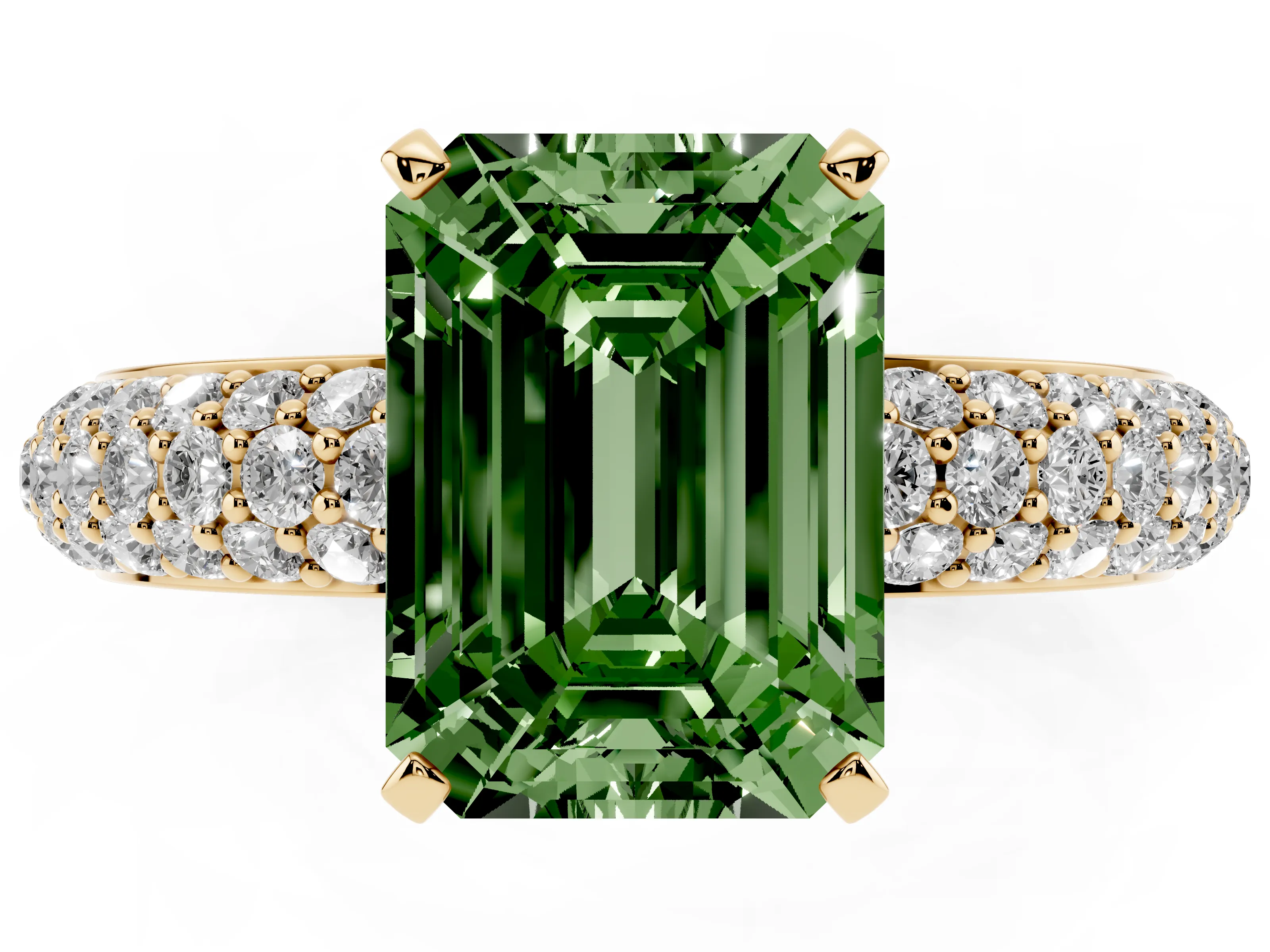 Fancy Green Emerald Cut Diamond Solitaire Ring Set in Yellow gold with Prong Setting and Pavé-Set Band