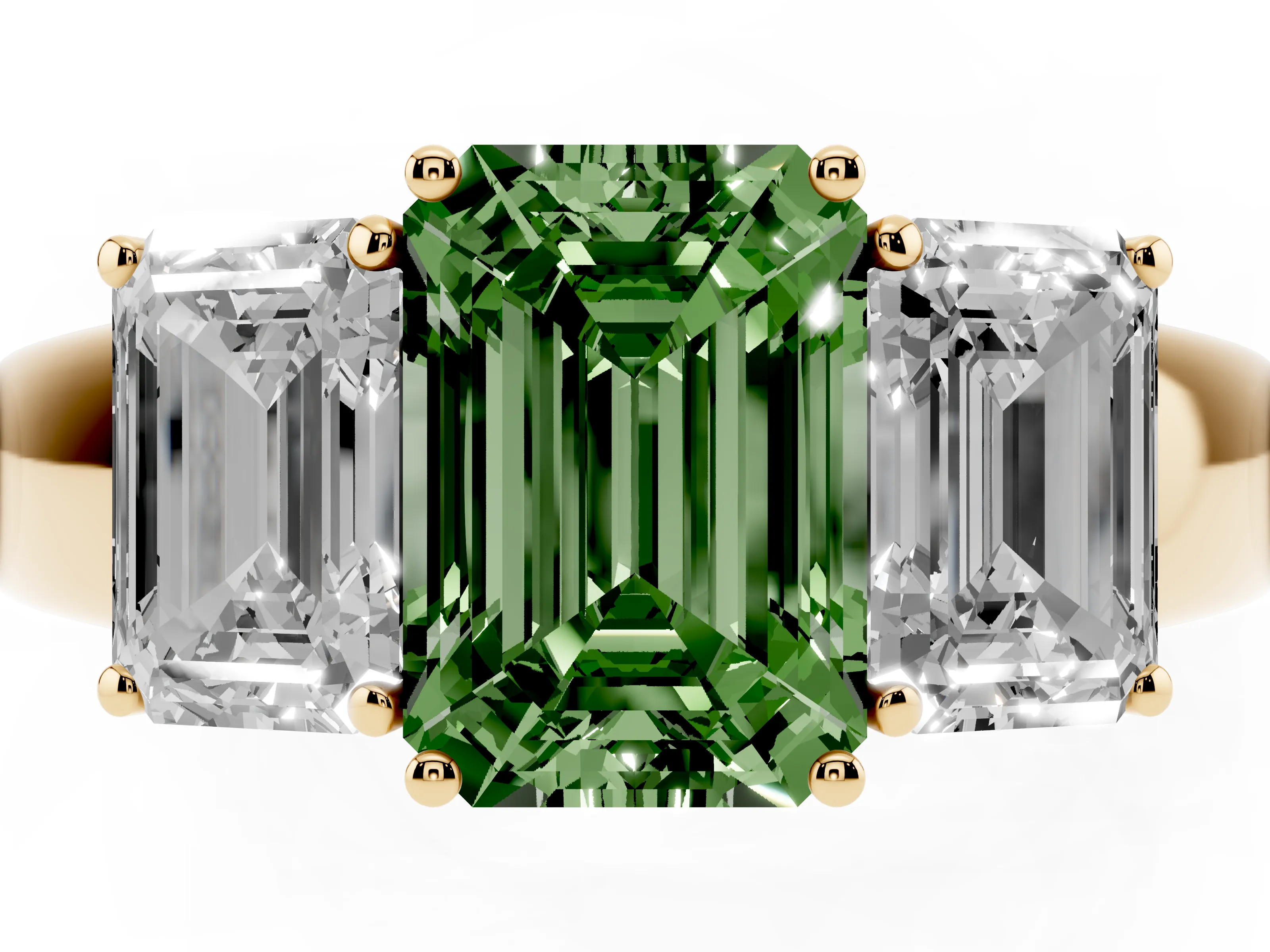 Fancy Green Three-Stone Emerald Cut Diamond Ring Set in Yellow gold with Matching Prong Settings and Plain Band