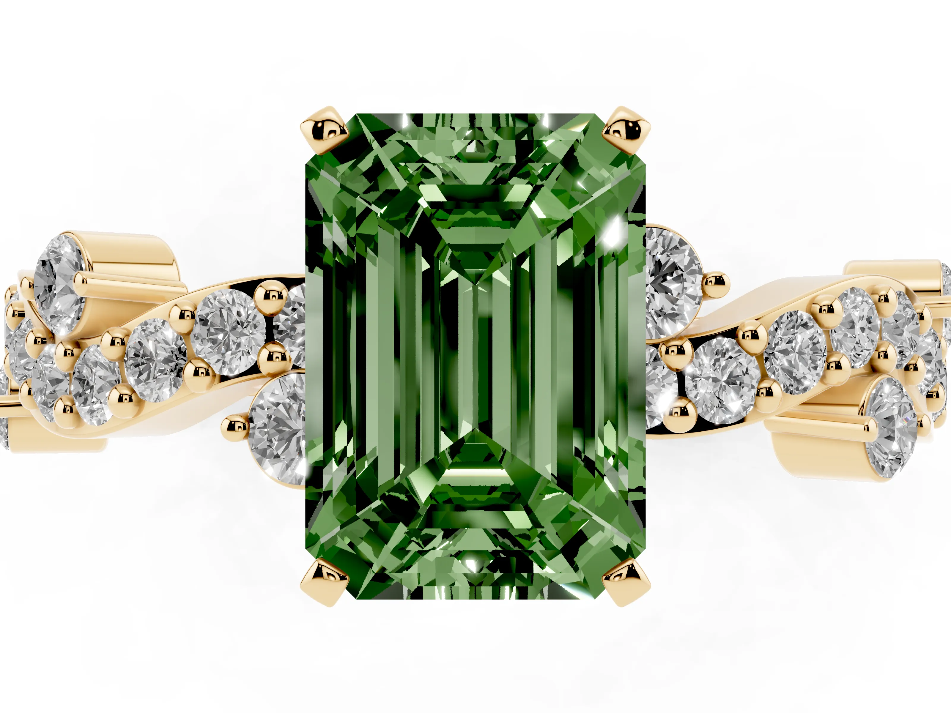 Fancy Green Emerald Cut Diamond Solitaire Twisted Band Set in Yellow gold with Pavé Setting