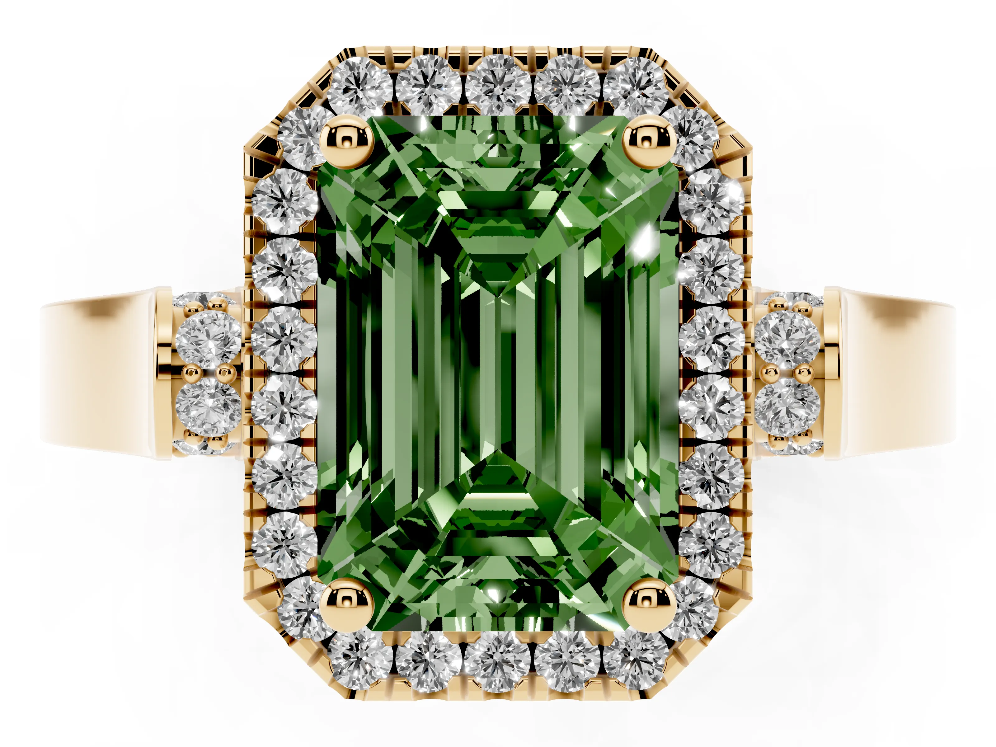 Fancy Green Emerald Cut Diamond Halo Ring Set in Yellow gold with Pavé-Lined Split Shank Band