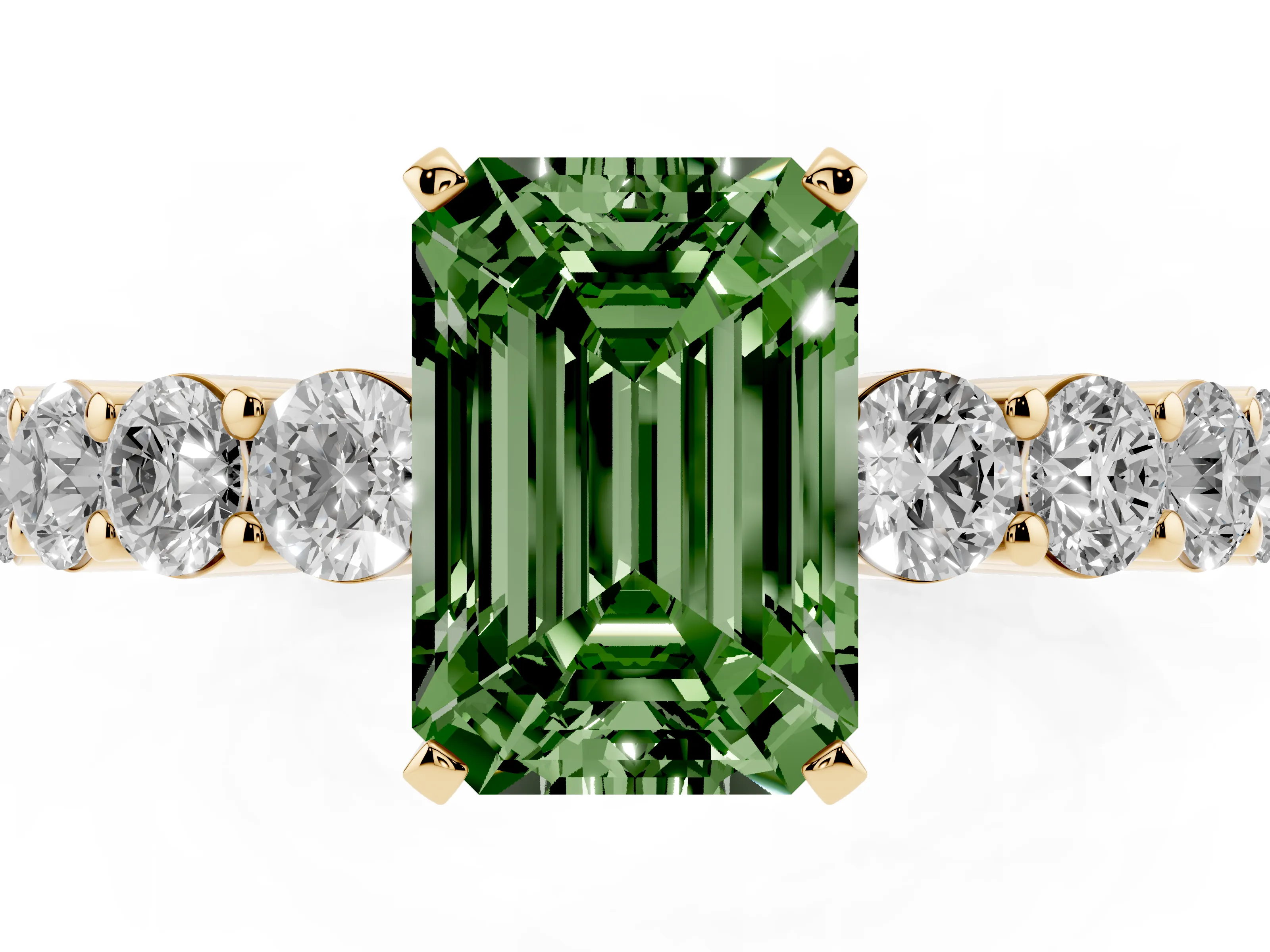 Fancy Green Emerald Cut Diamond Solitaire Ring Set in Yellow gold with Shared Prong Round Side Stones