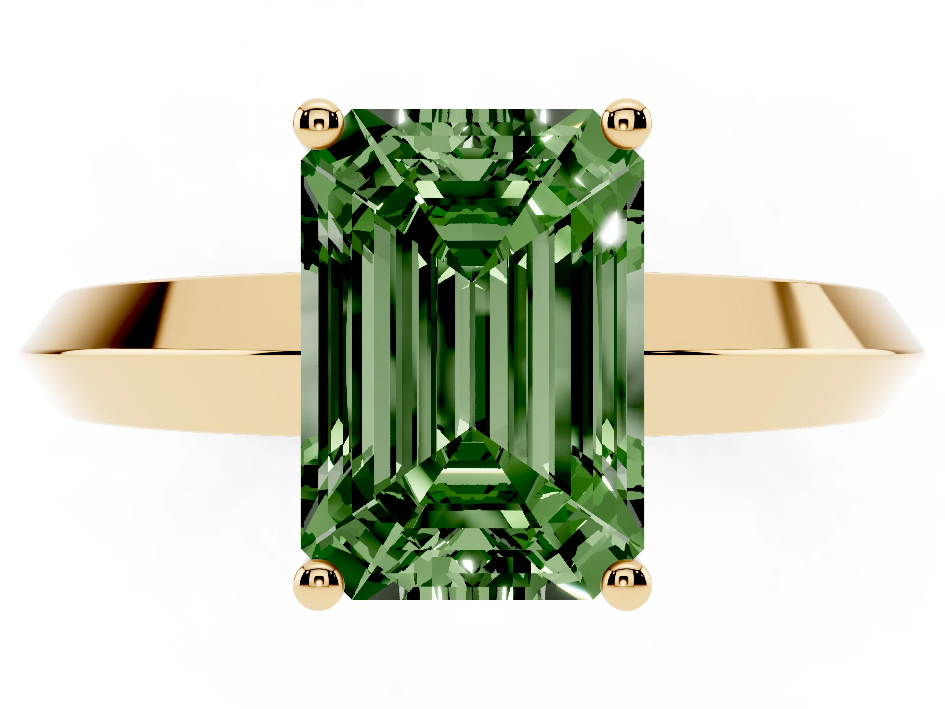 Fancy Green Emerald Cut Diamond Solitaire Engagement Ring Set in Yellow gold with Flat Band and Prong Setting