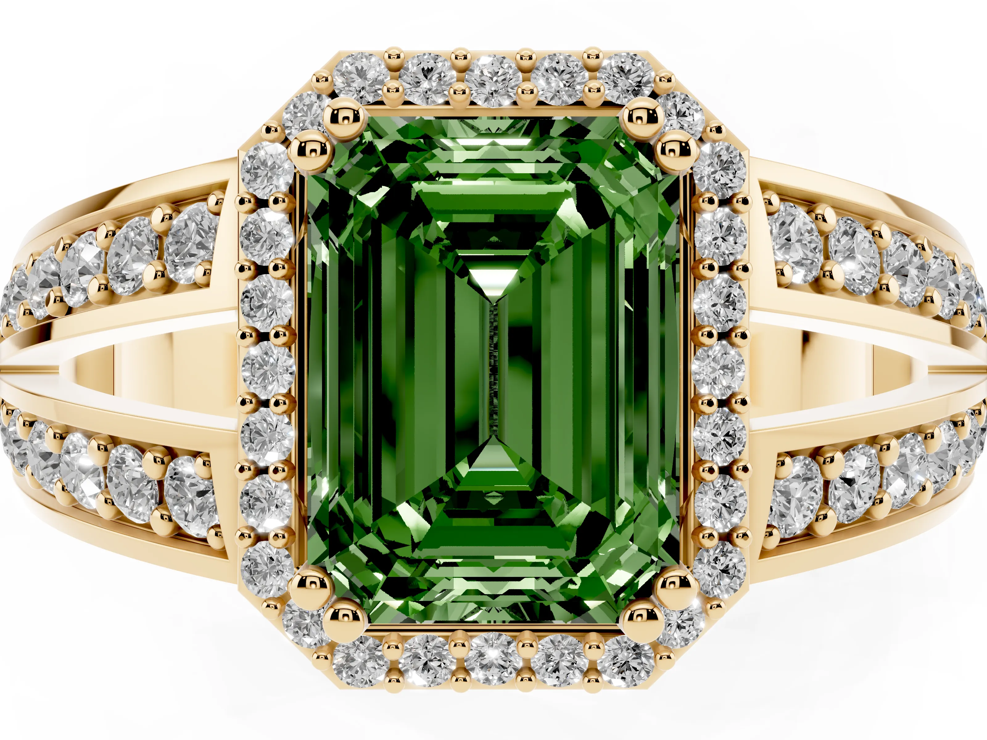 Fancy Green Emerald Cut Diamond Halo Ring Set in Yellow gold with Double Pavé Split Shank